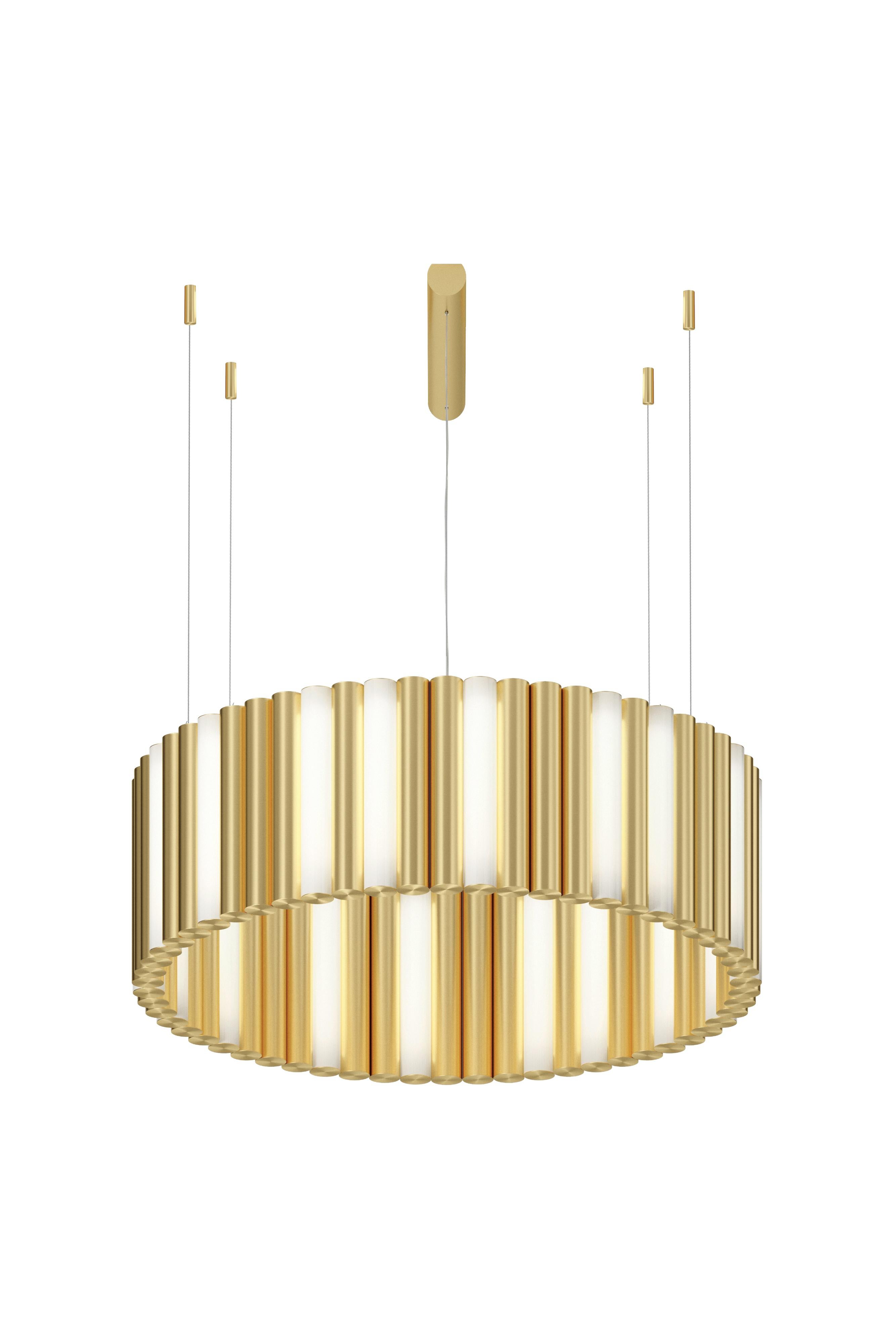 Gamma R58 brass pendant by Sylvain Willenz
Dimensions: D 98 x H 36.3 cm
Materials: solid brass, white polycarbonate diffuser, metal cable and transparent electric cable.
Others finishes and dimensions are available.

All our lamps can be wired
