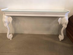 Gampel-Stoll Table console murale éléphant nouvellement laquée Plateau en verre fretté