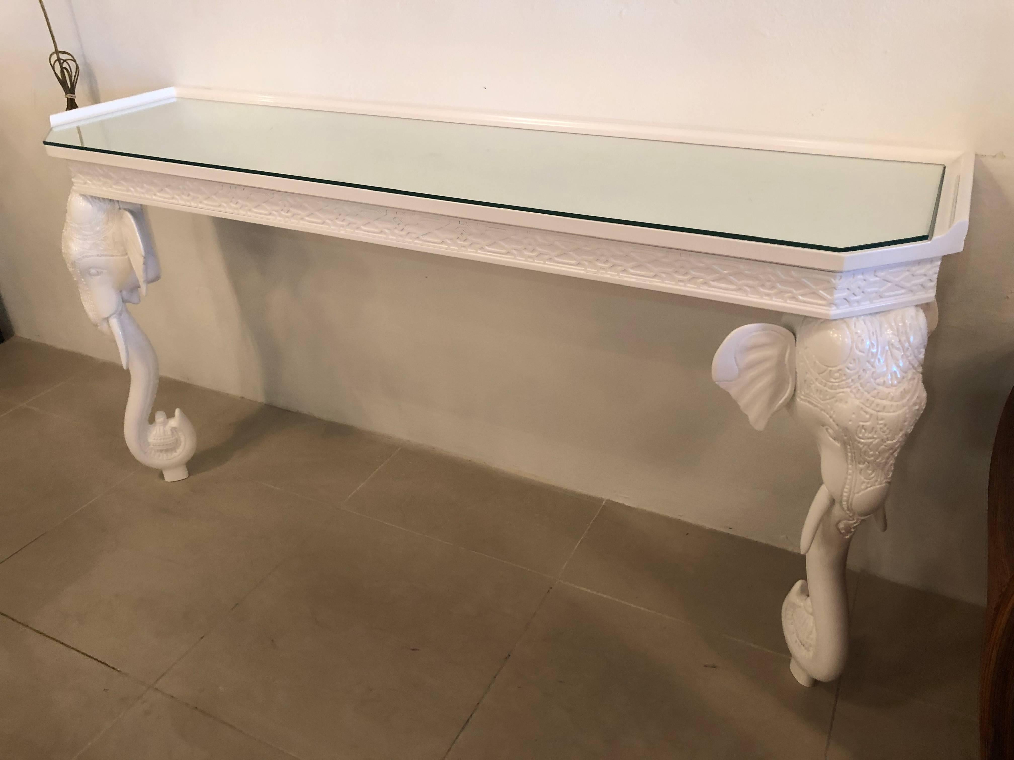 American Gampel and Stoll Elephant Wall Console Table Newly Lacquered Fret Glass Top
