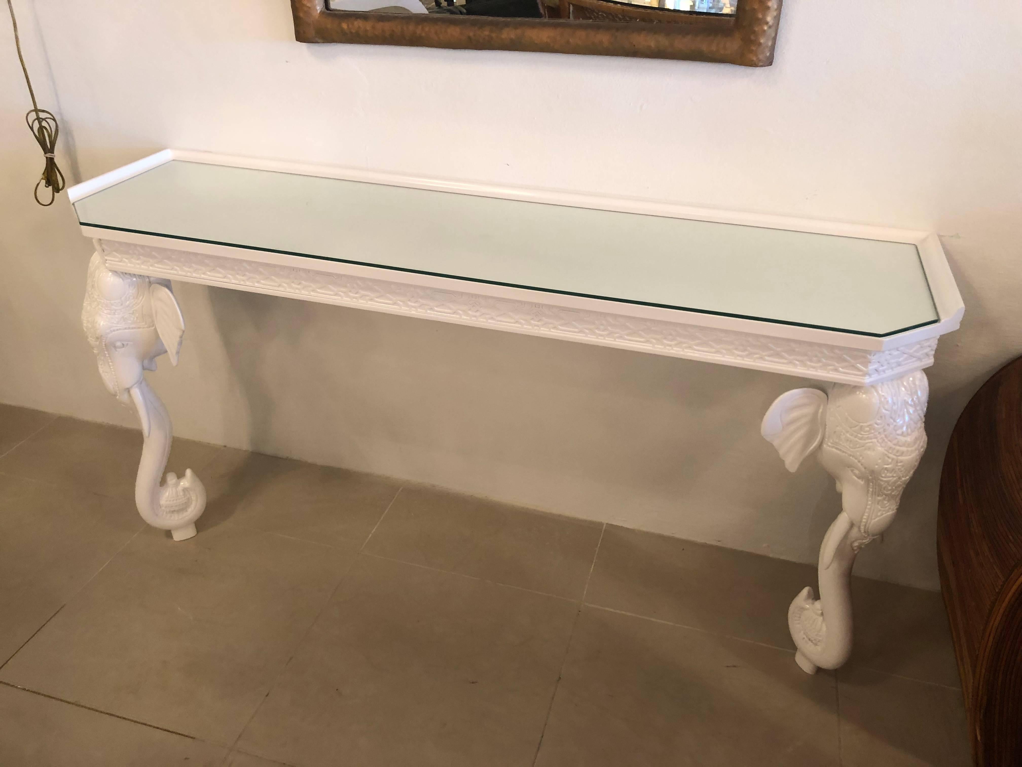 Gampel and Stoll Elephant Wall Console Table Newly Lacquered Fret Glass Top In Excellent Condition In West Palm Beach, FL