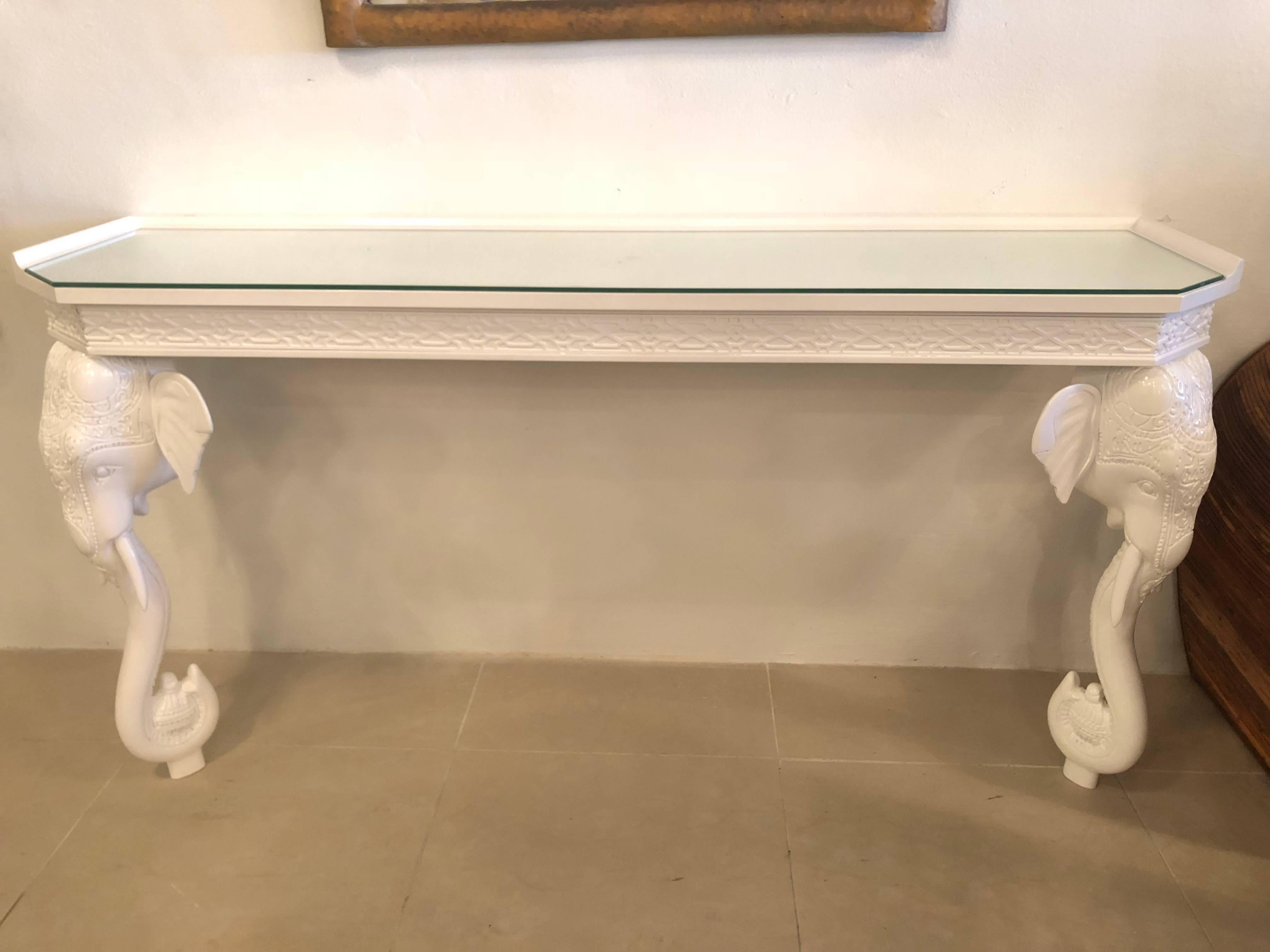 Wood Gampel and Stoll Elephant Wall Console Table Newly Lacquered Fret Glass Top