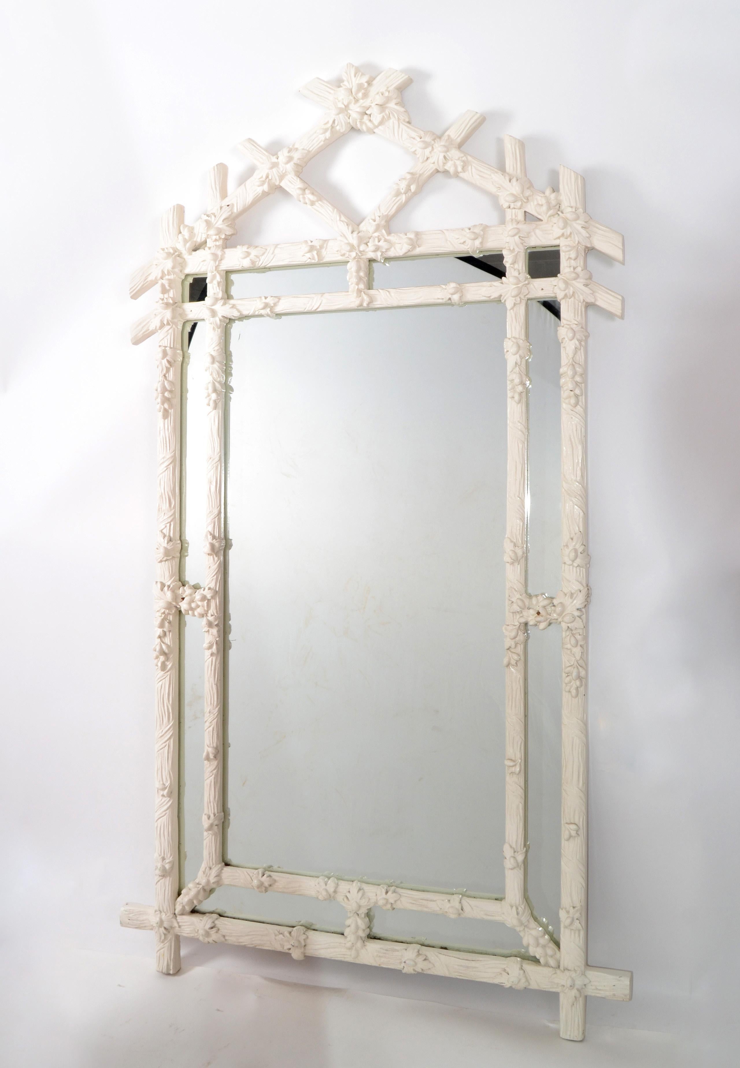 1970s Hollywood Regency Faux-Bois antique white hand carved wood wall mirror made in Italy for Gampel-Stoll.
Heavy Gothic style shape and it can be securely hung.
In original very good vintage condition.
Mirror size: 27 x 46 inches.