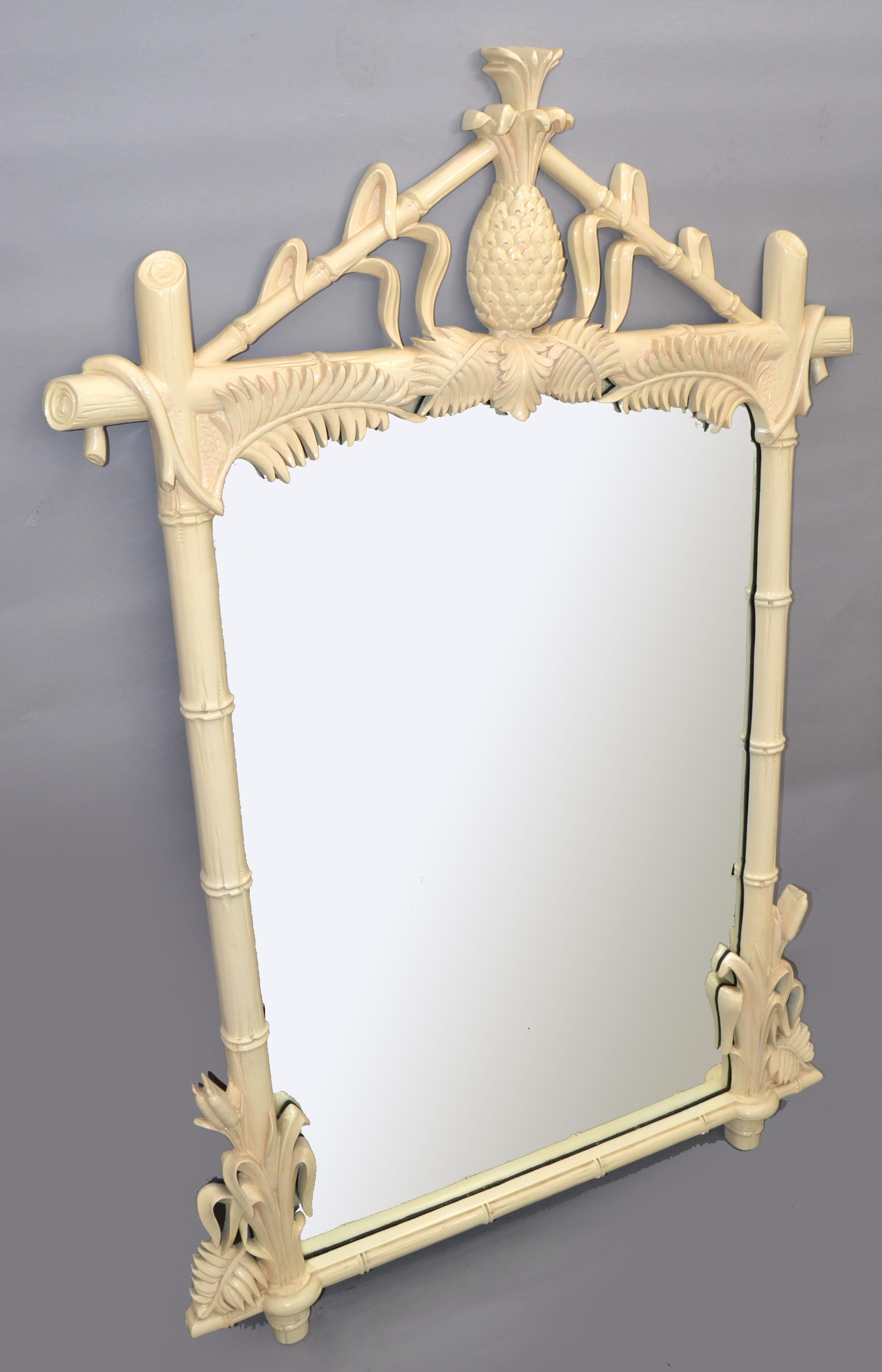 1970s Hollywood Regency Faux-Bois antique Taupe hand carved wood wall mirror with Pineapple design made in Italy for Gampel-Stoll.
Heavy Gothic style shape and it can be securely hung.
In original very good vintage condition.
Mirror size: 26 x 40