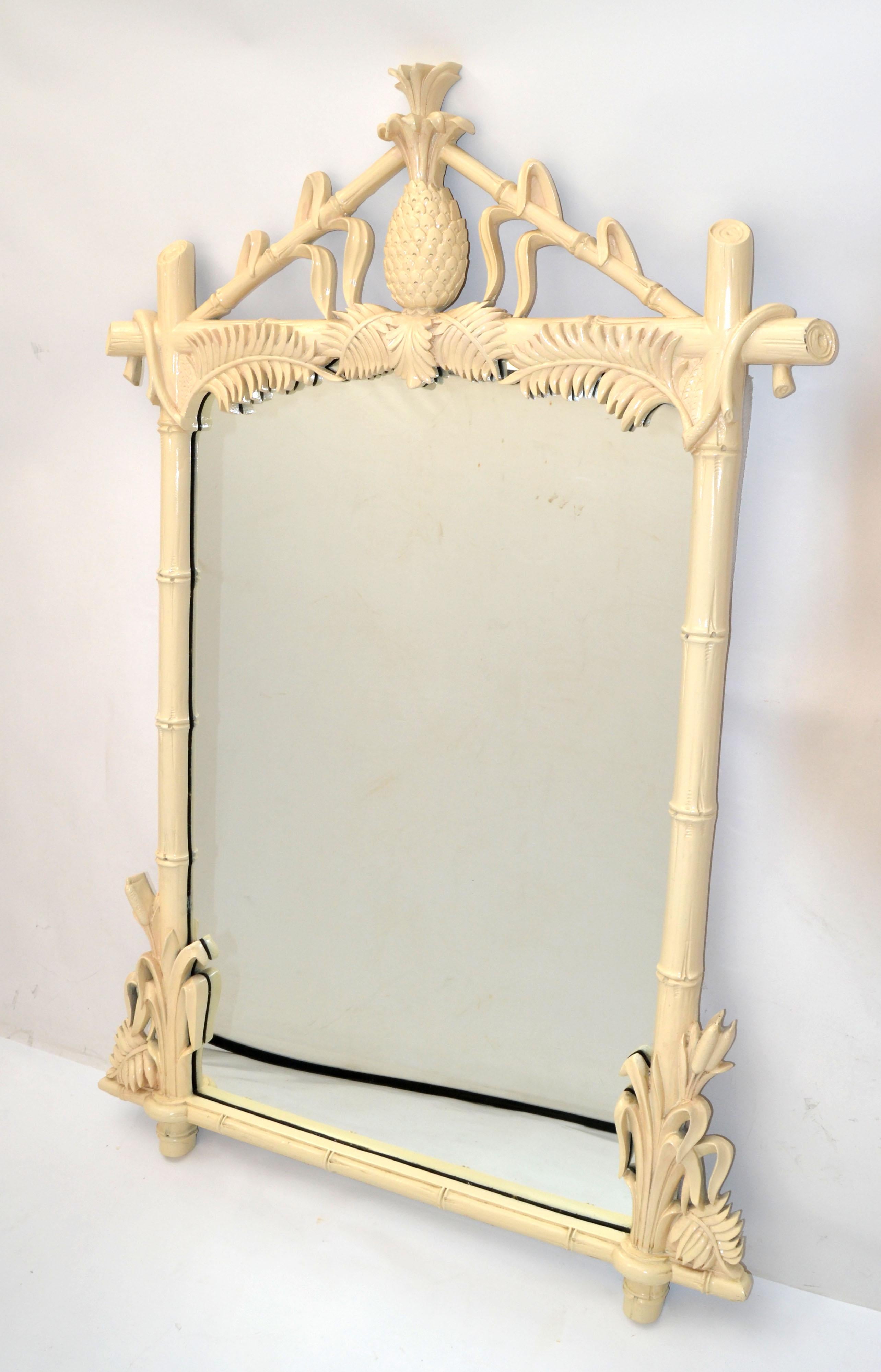 Hollywood Regency Gampel Stoll 1971 Faux Bois Hand Carved Taupe Wood Wall Mirror Pineapple Italy