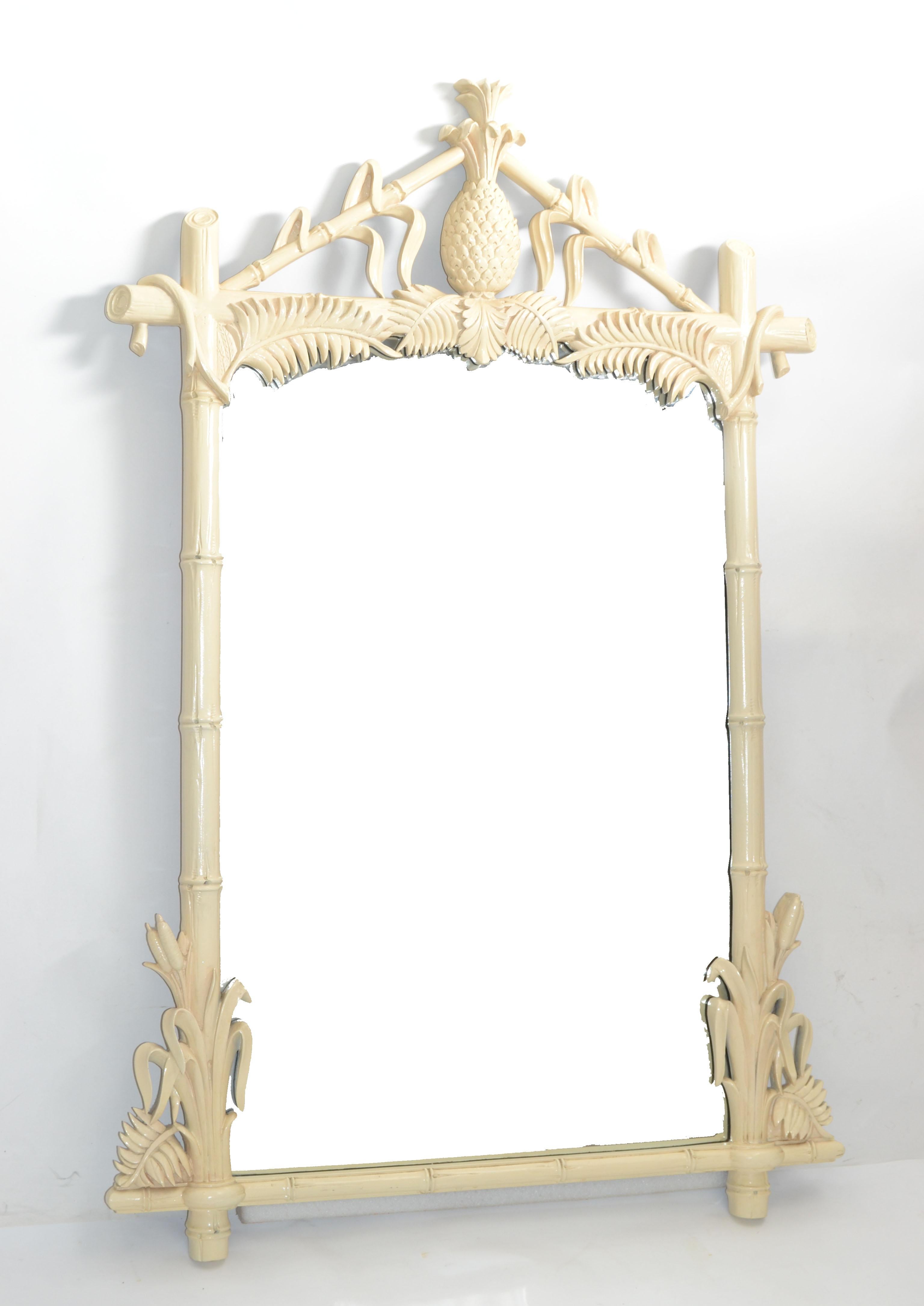 Italian Gampel Stoll 1971 Faux Bois Hand Carved Taupe Wood Wall Mirror Pineapple Italy