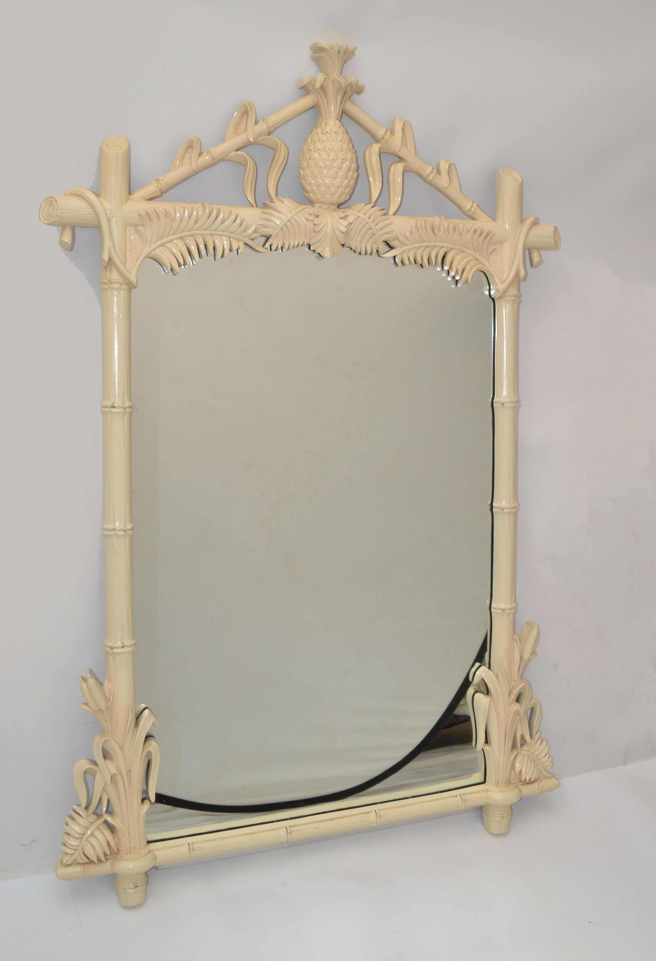Gampel Stoll 1971 Faux Bois Hand Carved Taupe Wood Wall Mirror Pineapple Italy In Good Condition In Miami, FL