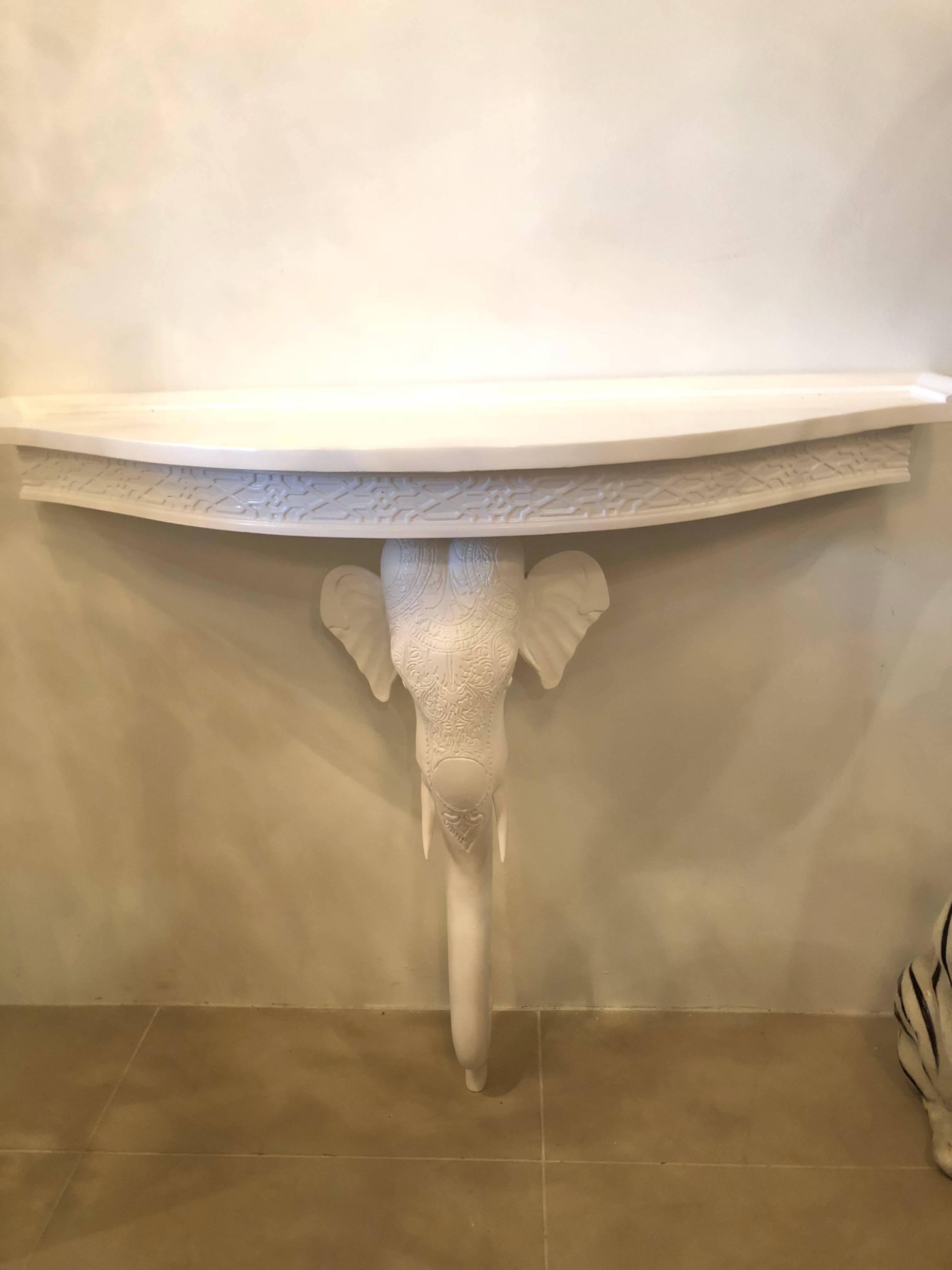 Hollywood Regency Gampel & Stoll Elephant Fret Wall Console Table Demilune Lacquered White