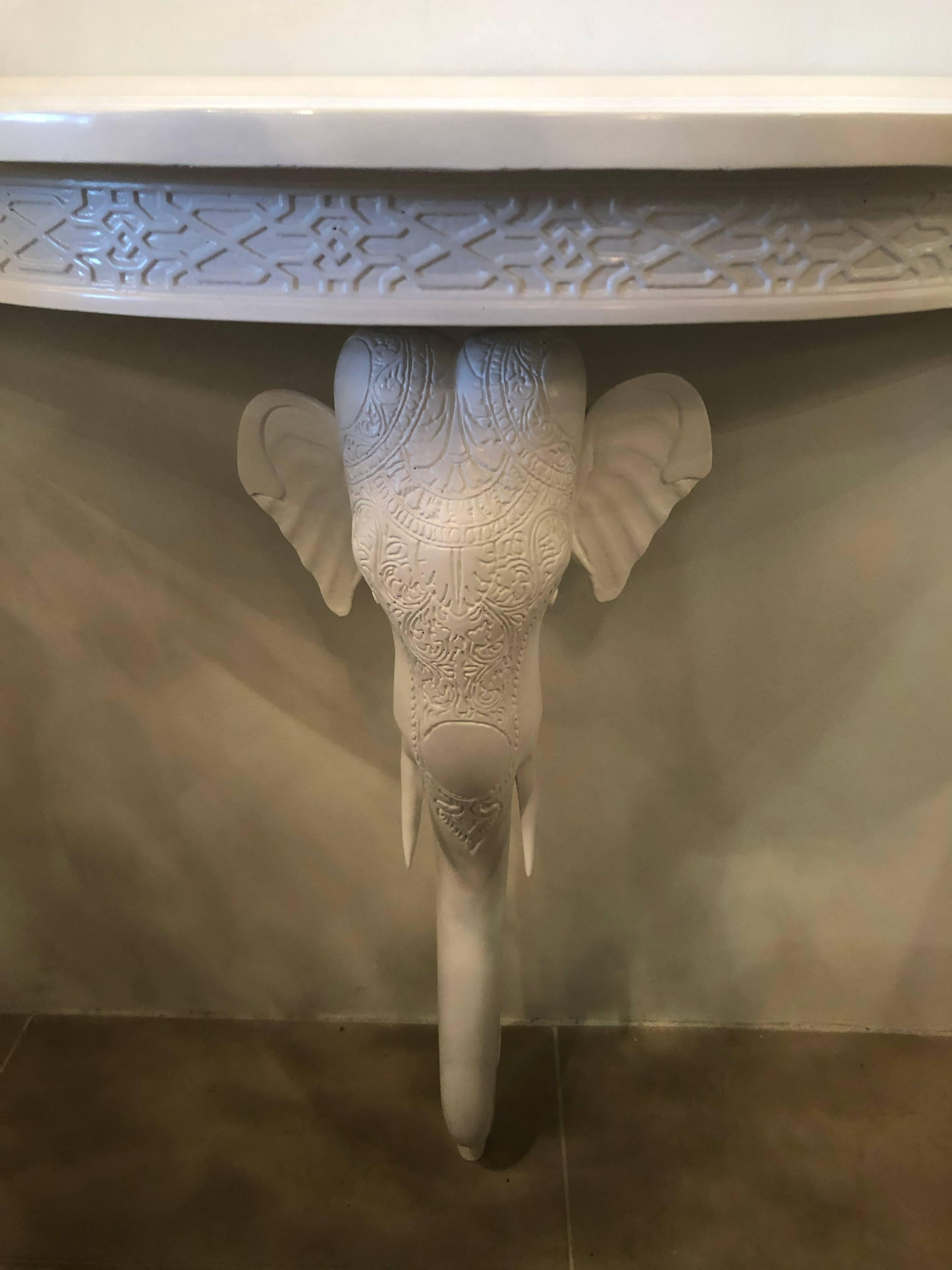 Gampel & Stoll Elephant Fret Wall Console Table Demilune Lacquered White In Excellent Condition In West Palm Beach, FL