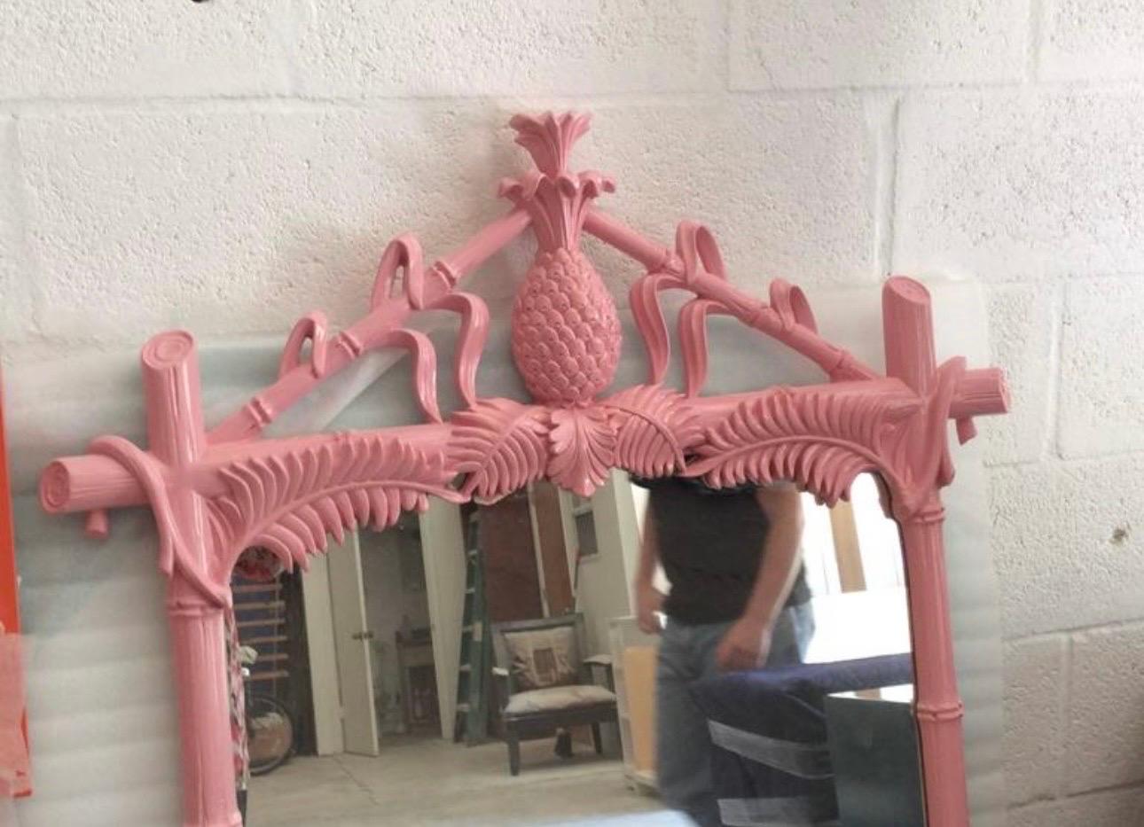 American Gampel-Stoll Newly Lacquered Flamingo Pink Pineapple Faux Bamboo Wall Mirror