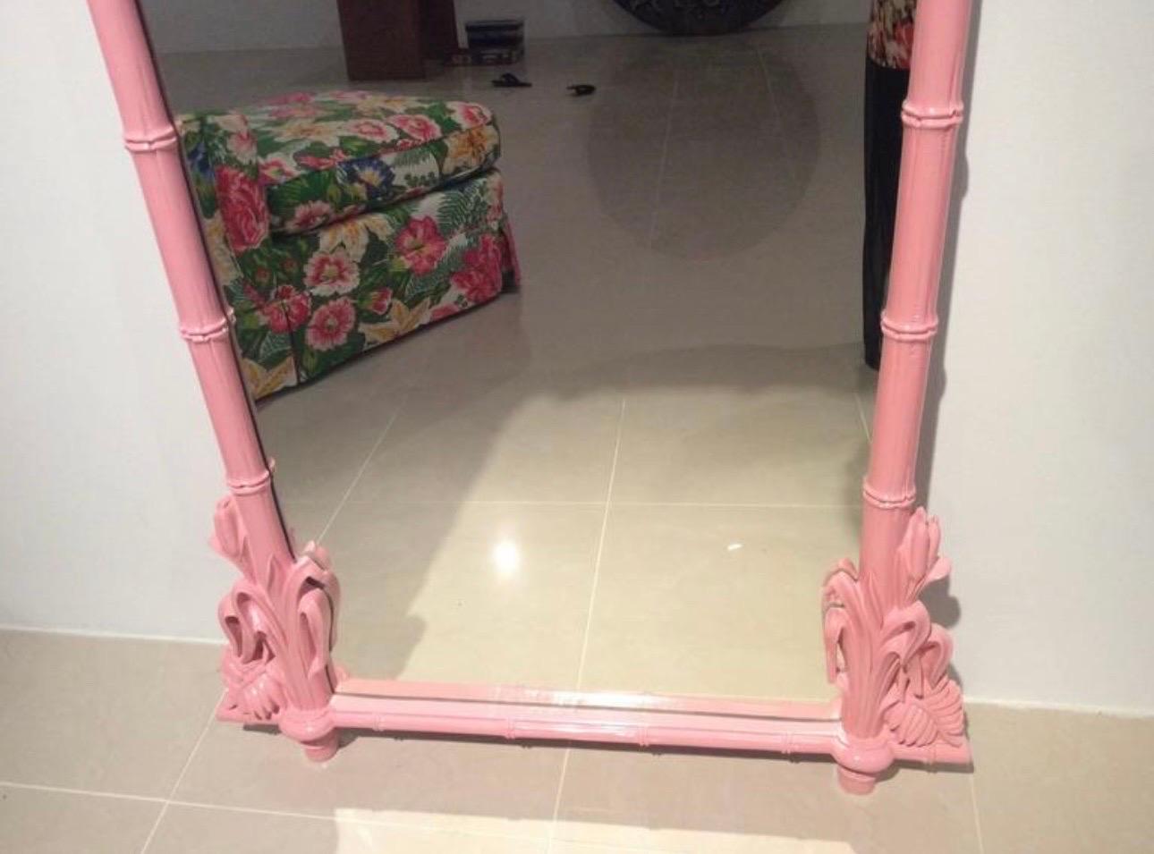 Late 20th Century Gampel-Stoll Newly Lacquered Flamingo Pink Pineapple Faux Bamboo Wall Mirror