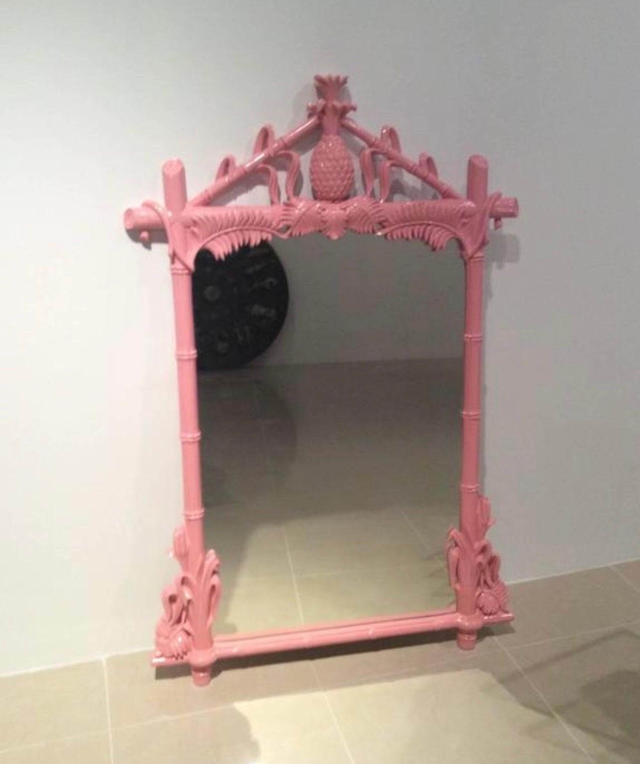 Gampel-Stoll Newly Lacquered Flamingo Pink Pineapple Faux Bamboo Wall Mirror 1