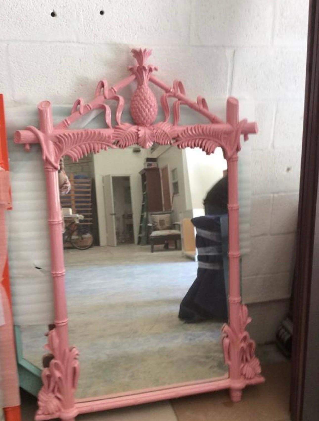 Gampel-Stoll Newly Lacquered Flamingo Pink Pineapple Faux Bamboo Wall Mirror 2