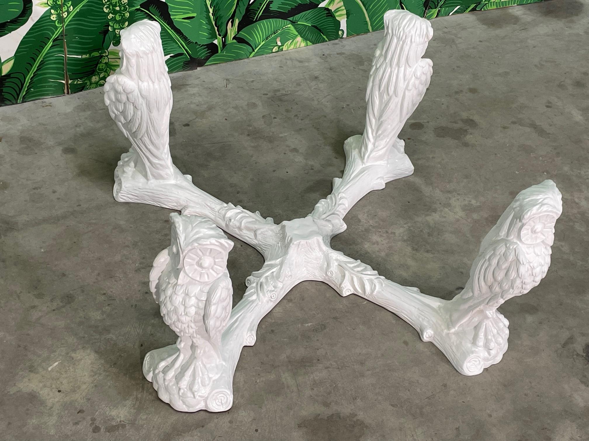 Sculptural hand carved coffee/cocktail table by Gampel Stoll features 4 owls perched on tree limbs. Freshly lacquered in gloss white. Solid wood. Good condition with minor imperfections to the newly lacquered finish.
We have round glass tops