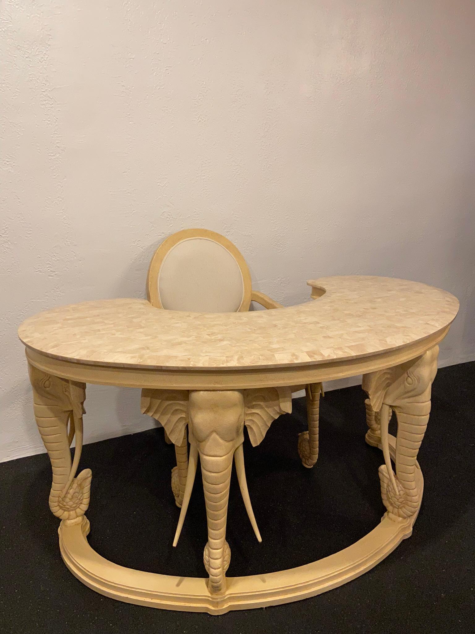 Hollywood Regency Gampel Stoll Style Stone Top Carved Elephant Desk and Chair For Sale