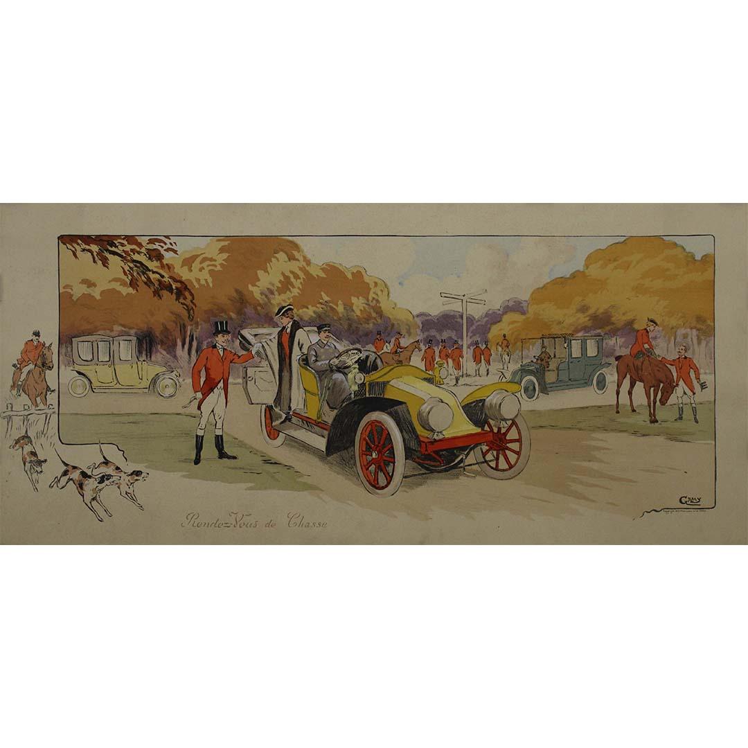 
Das Originalplakat "Rendez Vous de Chasse" des Künstlers Gamy aus dem Jahr 1910 zeigt eine Szene von Eleganz und Aufregung rund um ein Jagdtreffen. Dieses fesselnde Kunstwerk fängt die Essenz der Jagdtradition ein und zeigt die Schönheit der