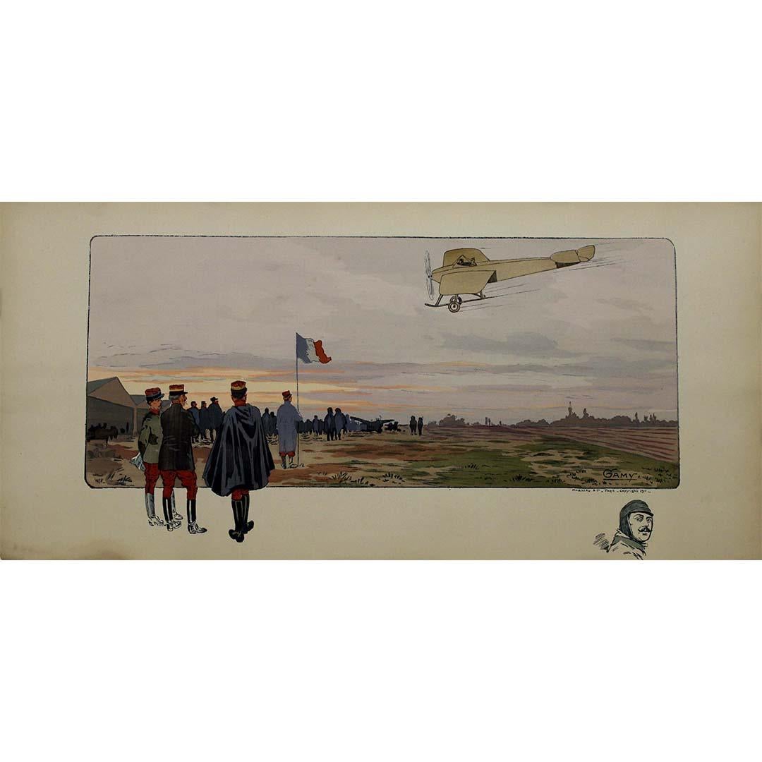 Das Originalplakat "Biplace de l'armée Française" entstand 1911 als fesselnde Hommage an den französischen Militärdoppeldecker, der das Engagement der Nation für die Innovation in der Luftfahrt verdeutlichte. Das von dem Künstler Gamy geschaffene