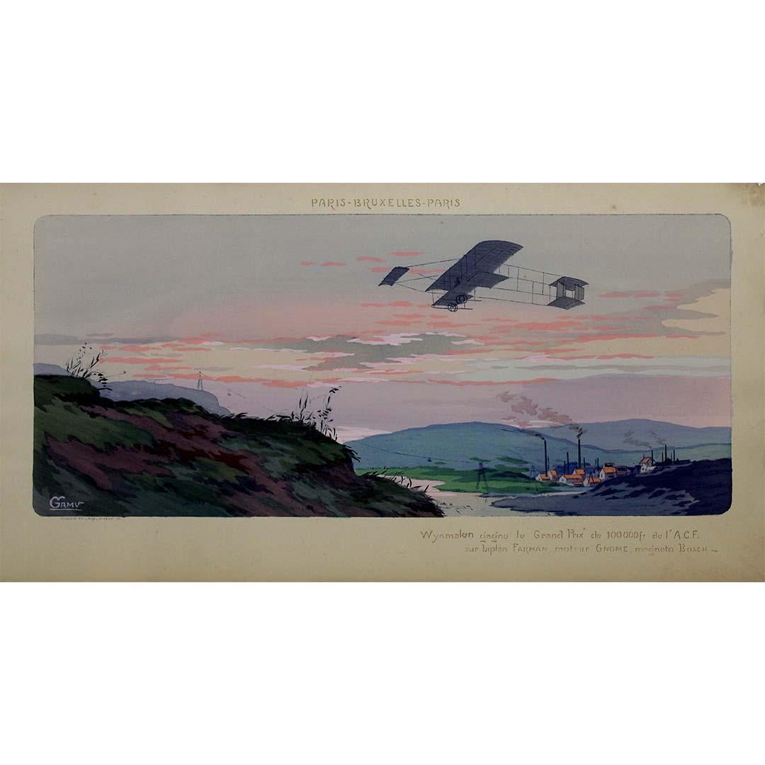 En 1911, el cartel original "París Bruselas París" del artista Gamy mostraba el emocionante espectáculo de la aviación al celebrar el Gran Premio Wyn Malen de la ACF en el Biplan Farman. Esta impactante obra de arte captó la esencia de la aviación