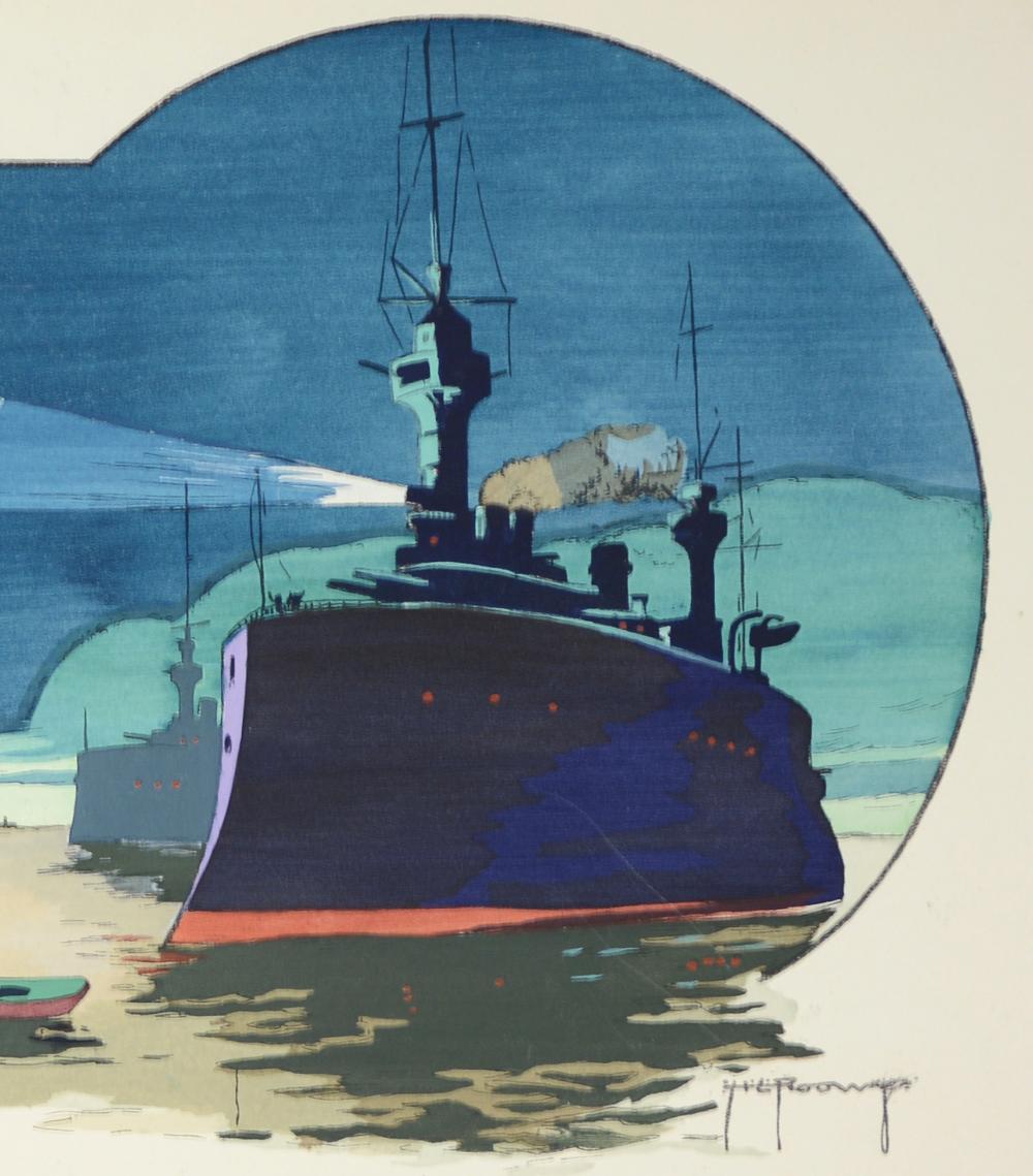 Gamy-Montaut, Zeppelin Night Scene with Battleships, coloured pochoir print - Art Nouveau Print by GAMY & Ernest Montaut