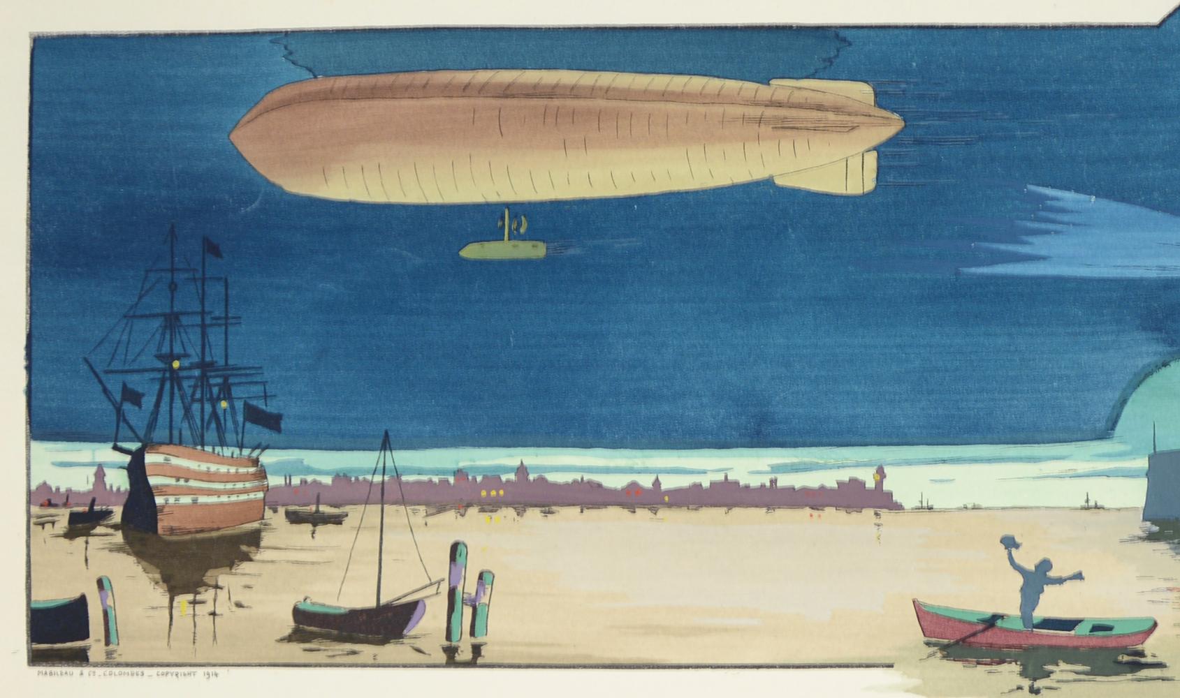Gamy-Montaut, Zeppelin Night Scene with Battleships, coloured pochoir print - Beige Landscape Print by GAMY & Ernest Montaut