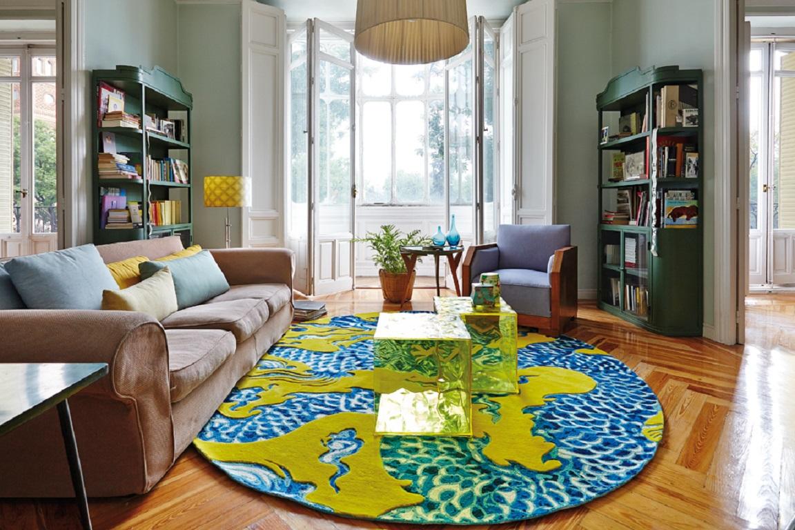 Modern GAN Blue China Wool Rug in Yellow by Mapi Millet For Sale