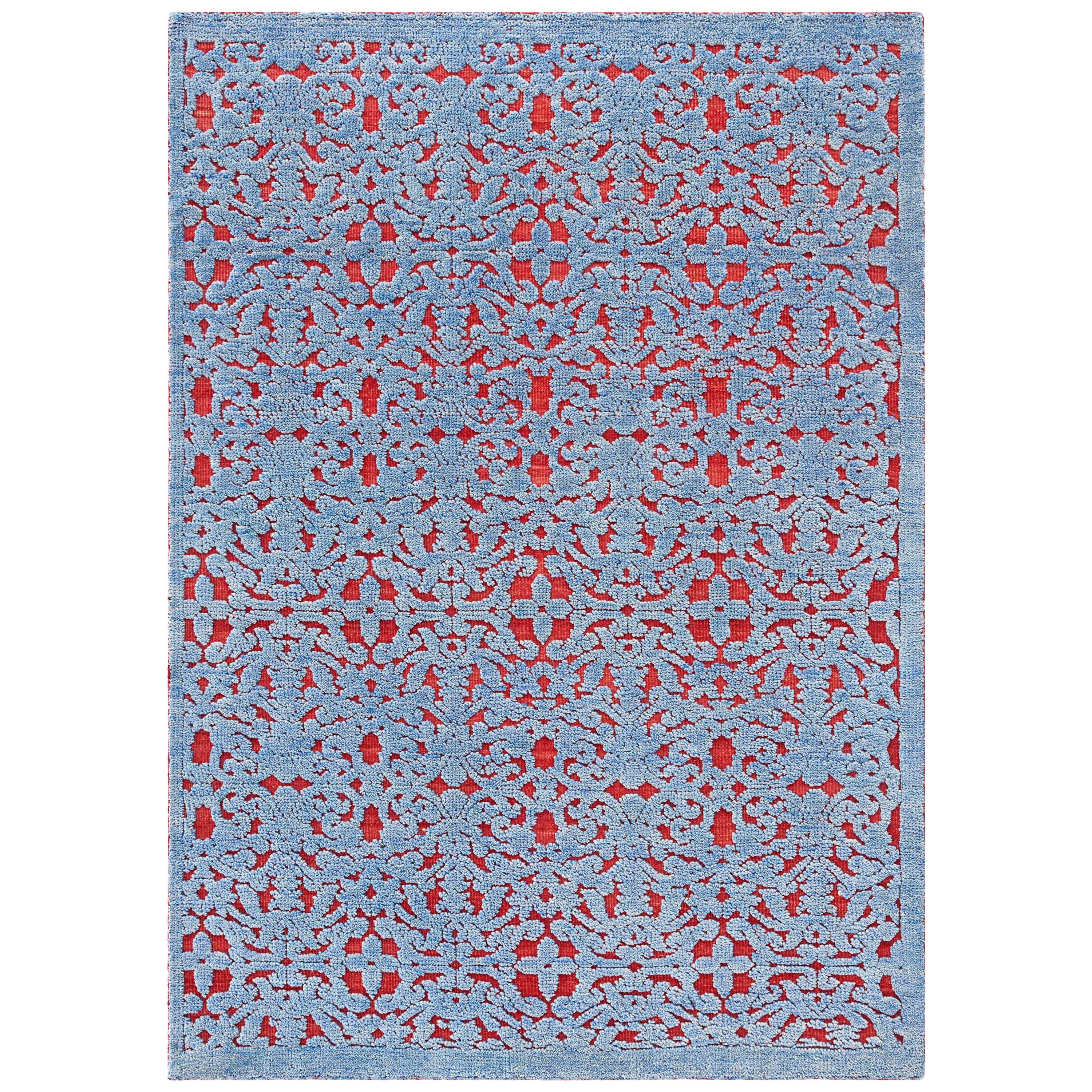 GAN Damasco Rug in Hand Knotted Blue and Red Wool