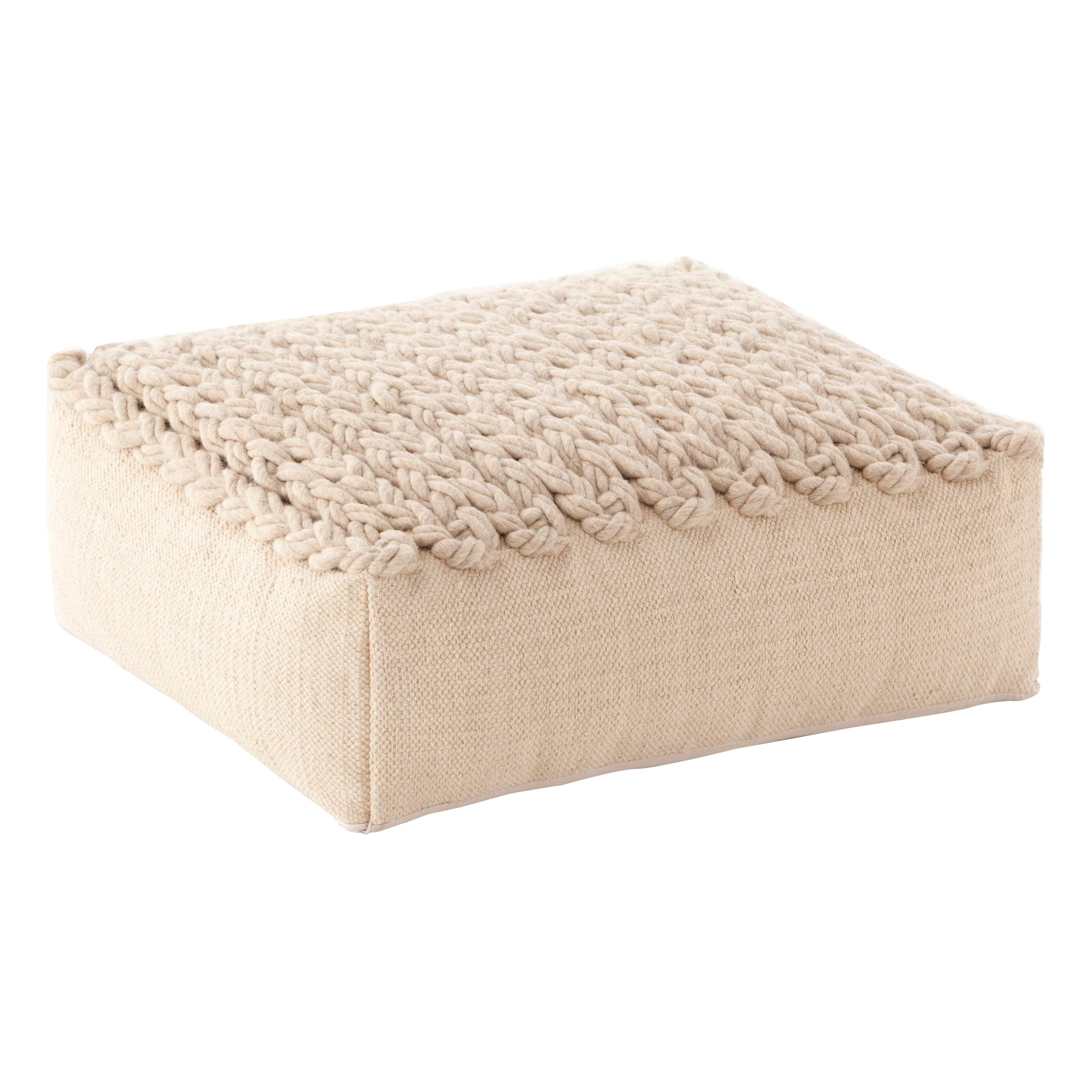 (Beige) GAN Trenzas Small Square Pouf with Braided Seat