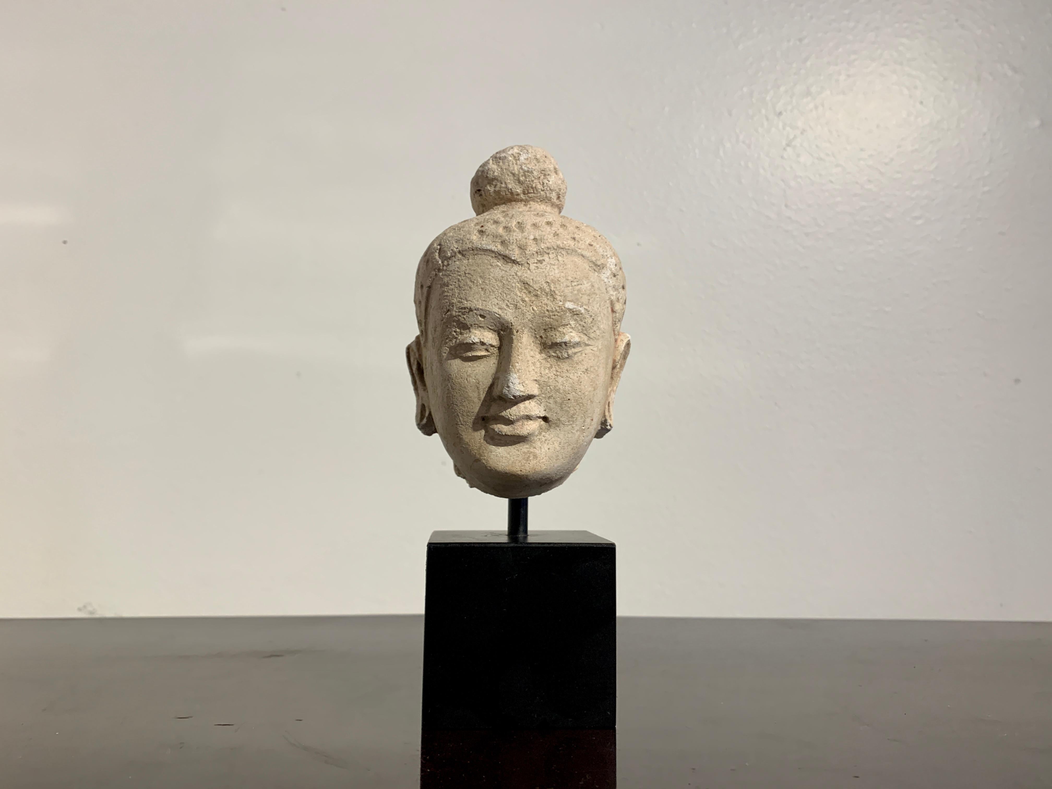 A lovely small stucco head of the Buddha, ancient region of Gandhara, probably Hadda, 5th to 6th century, modern day Afghanistan. 

Beautifully rendered, the small Gandharan Buddha head is sensitively molded with Fine features. The Buddha looks