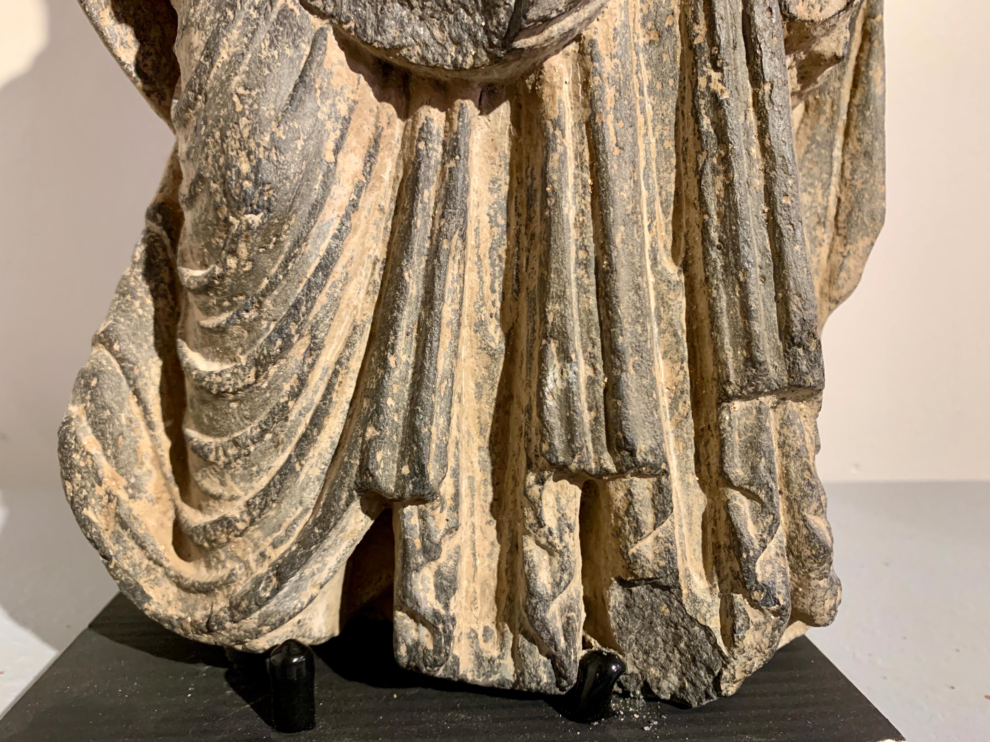 Gandharan Standing Bodhisattva Maitreya, Carved Black Schist, 2nd-4th Century For Sale 1