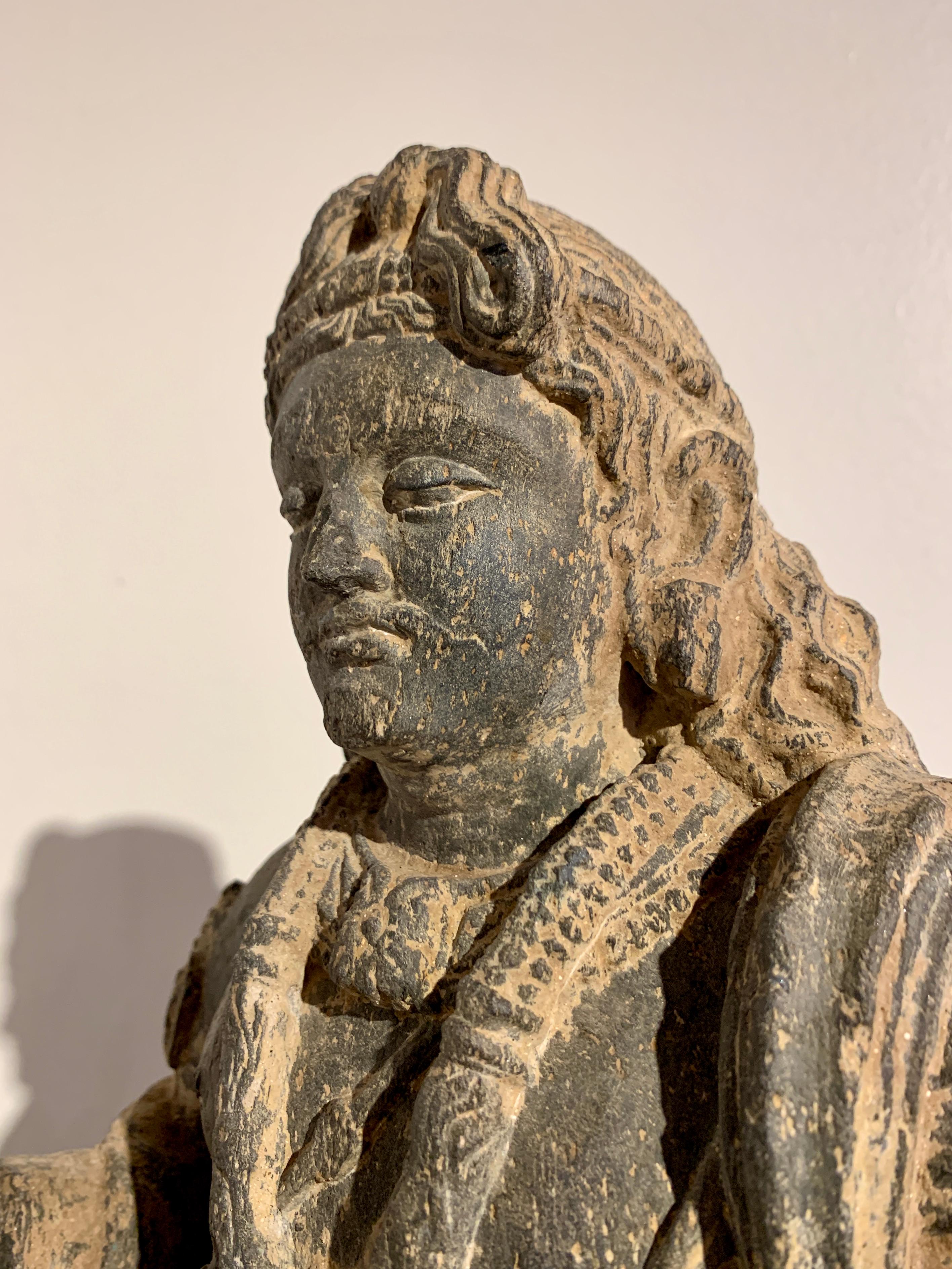 Gandharan Standing Bodhisattva Maitreya, Carved Black Schist, 2nd-4th Century For Sale 3