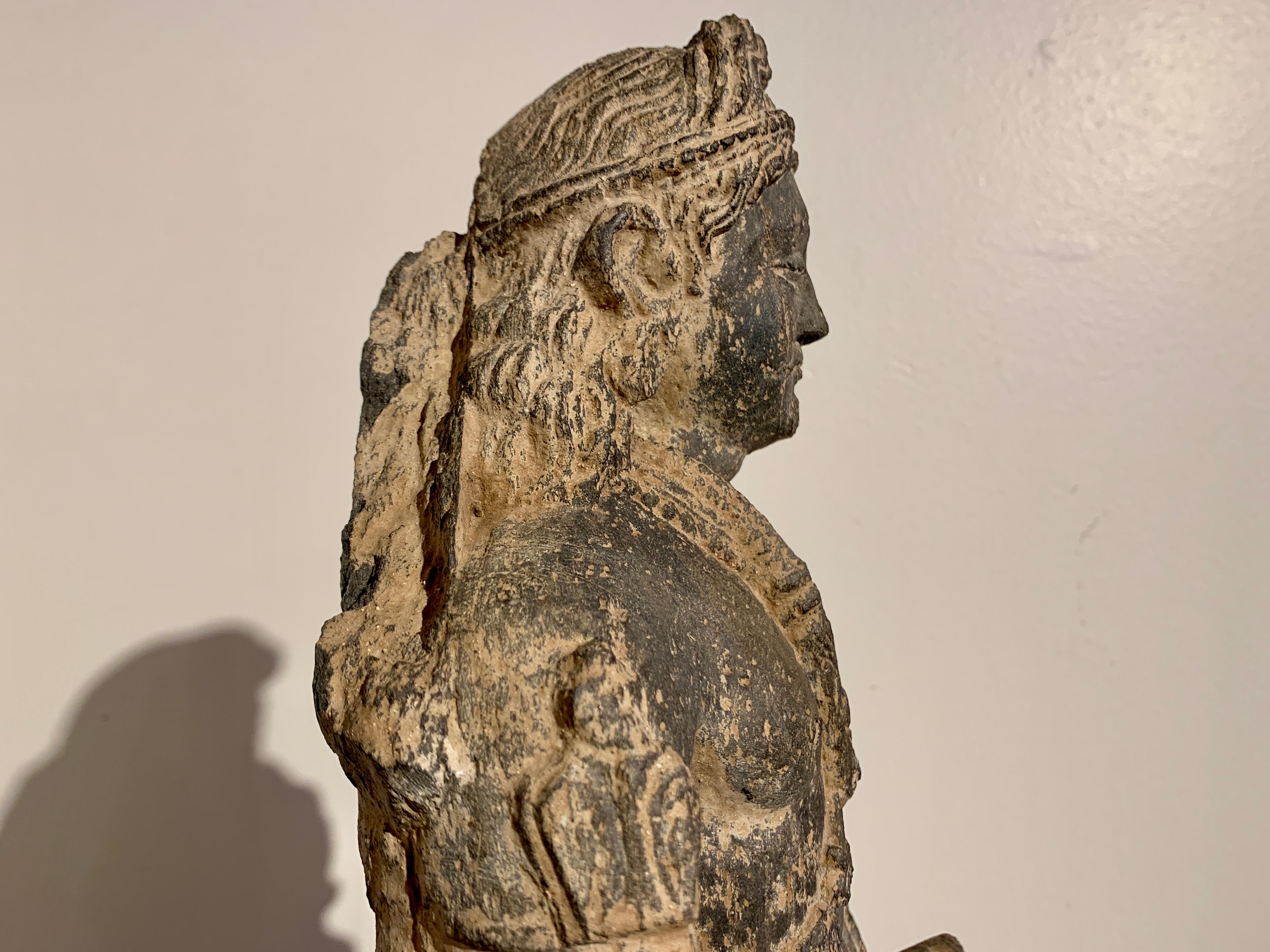 Gandharan Standing Bodhisattva Maitreya, Carved Black Schist, 2nd-4th Century For Sale 4