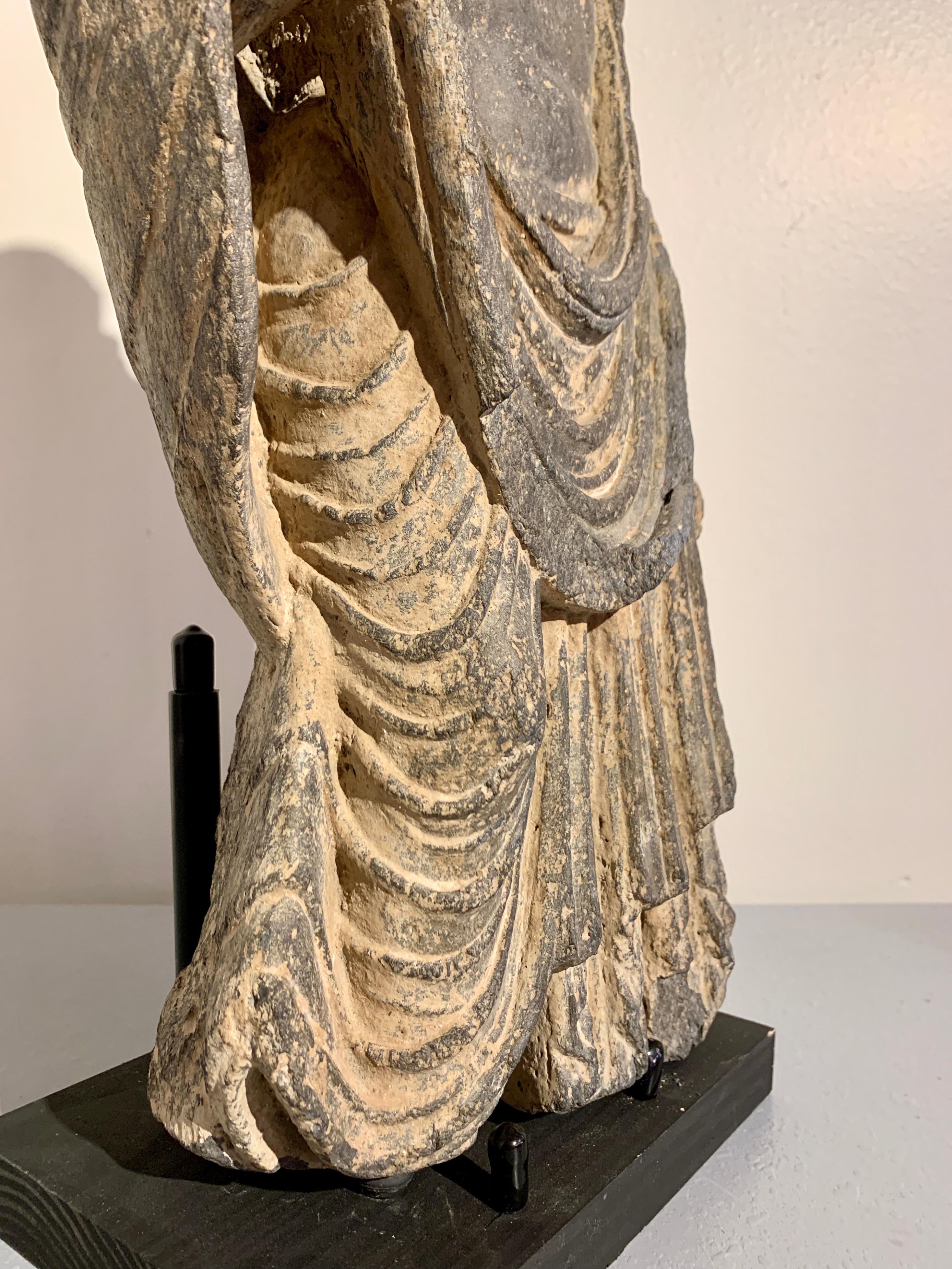 Gandharan Standing Bodhisattva Maitreya, Carved Black Schist, 2nd-4th Century For Sale 5