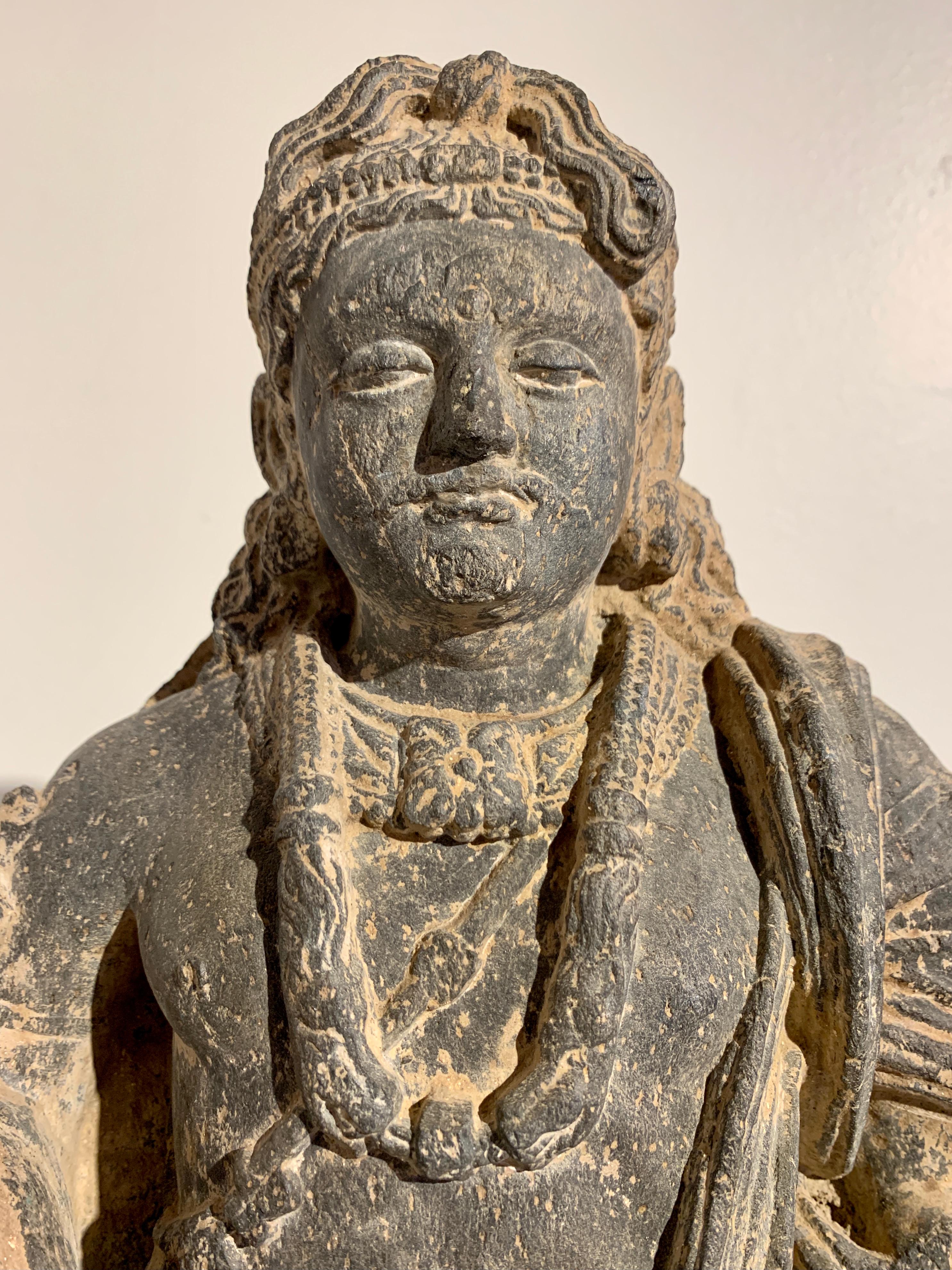 Gandharan Standing Bodhisattva Maitreya, Carved Black Schist, 2nd-4th Century For Sale 7