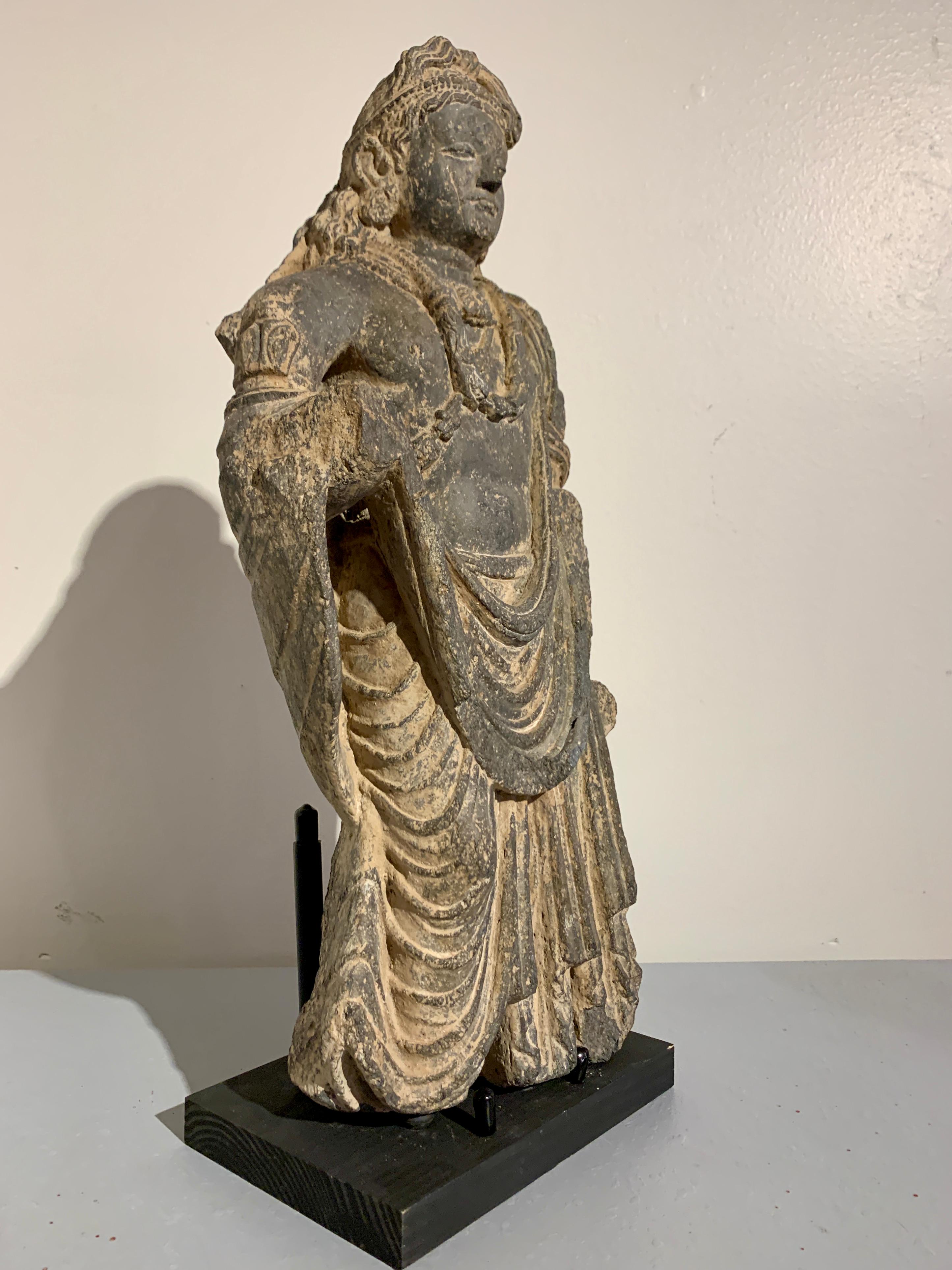 Pakistani Gandharan Standing Bodhisattva Maitreya, Carved Black Schist, 2nd-4th Century For Sale