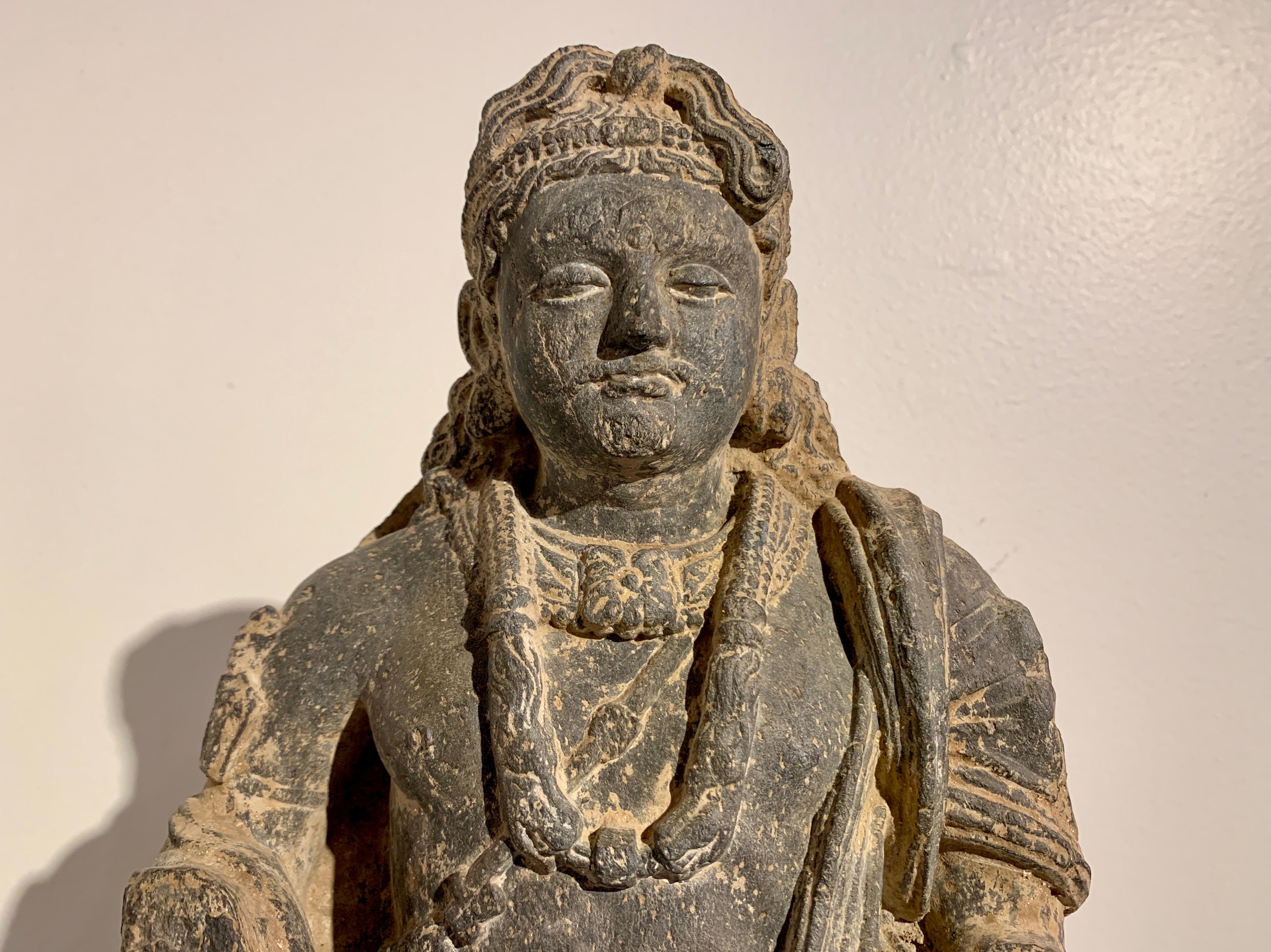 Hand-Carved Gandharan Standing Bodhisattva Maitreya, Carved Black Schist, 2nd-4th Century For Sale