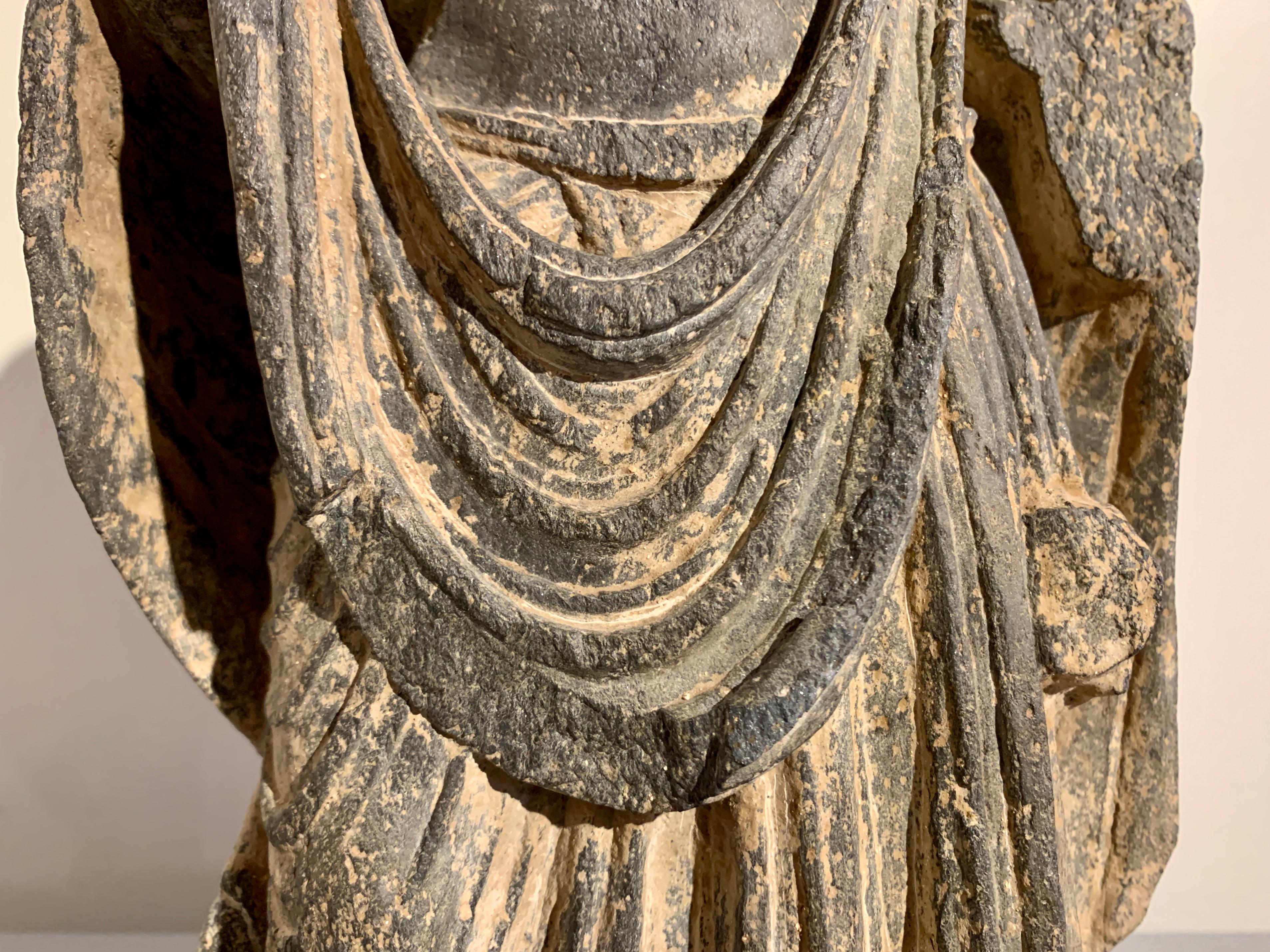 18th Century and Earlier Gandharan Standing Bodhisattva Maitreya, Carved Black Schist, 2nd-4th Century For Sale