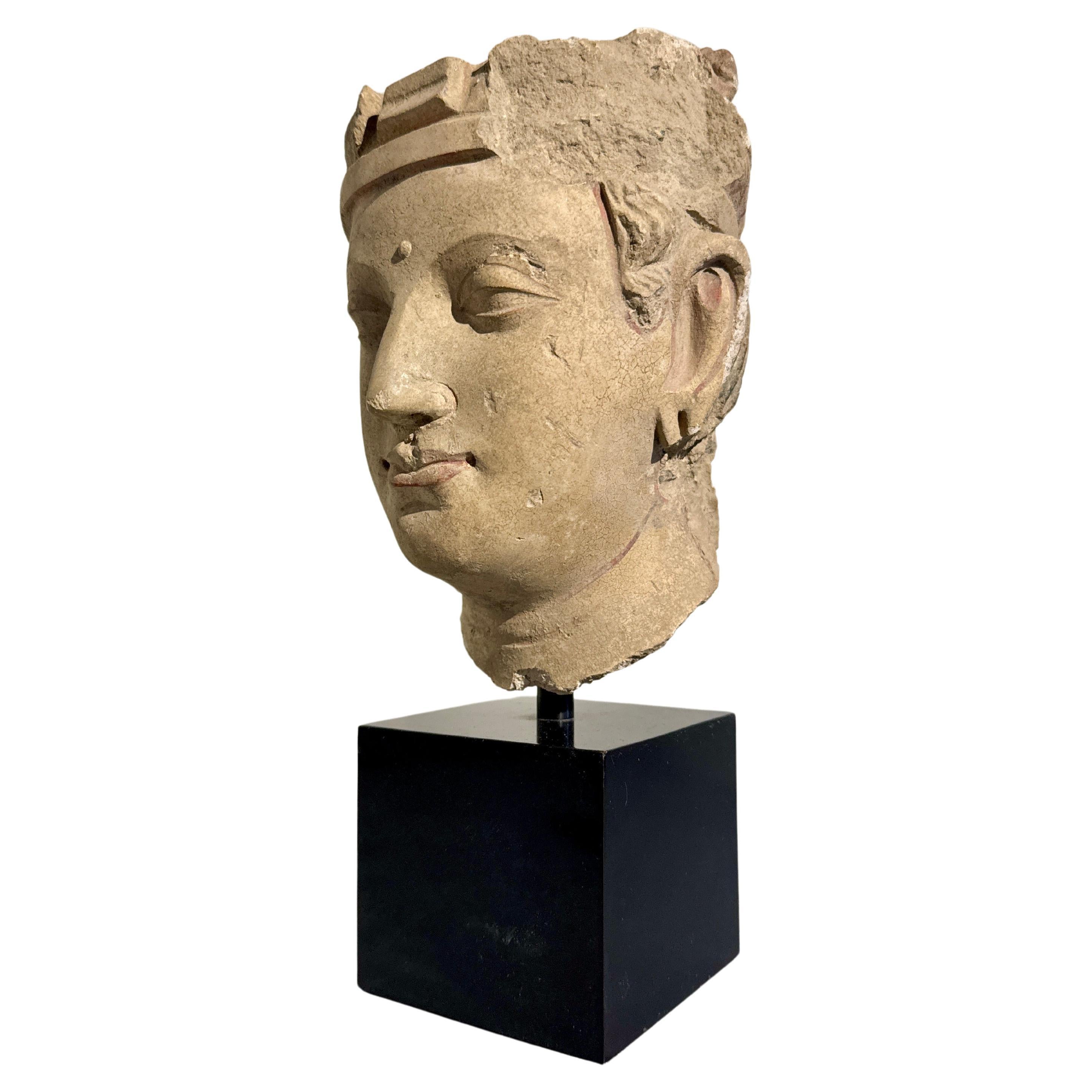 Hellénistique Tête d'un Bodhisattva en stuc Gandharan, probablement Hadda, 4e - 5e siècle en vente