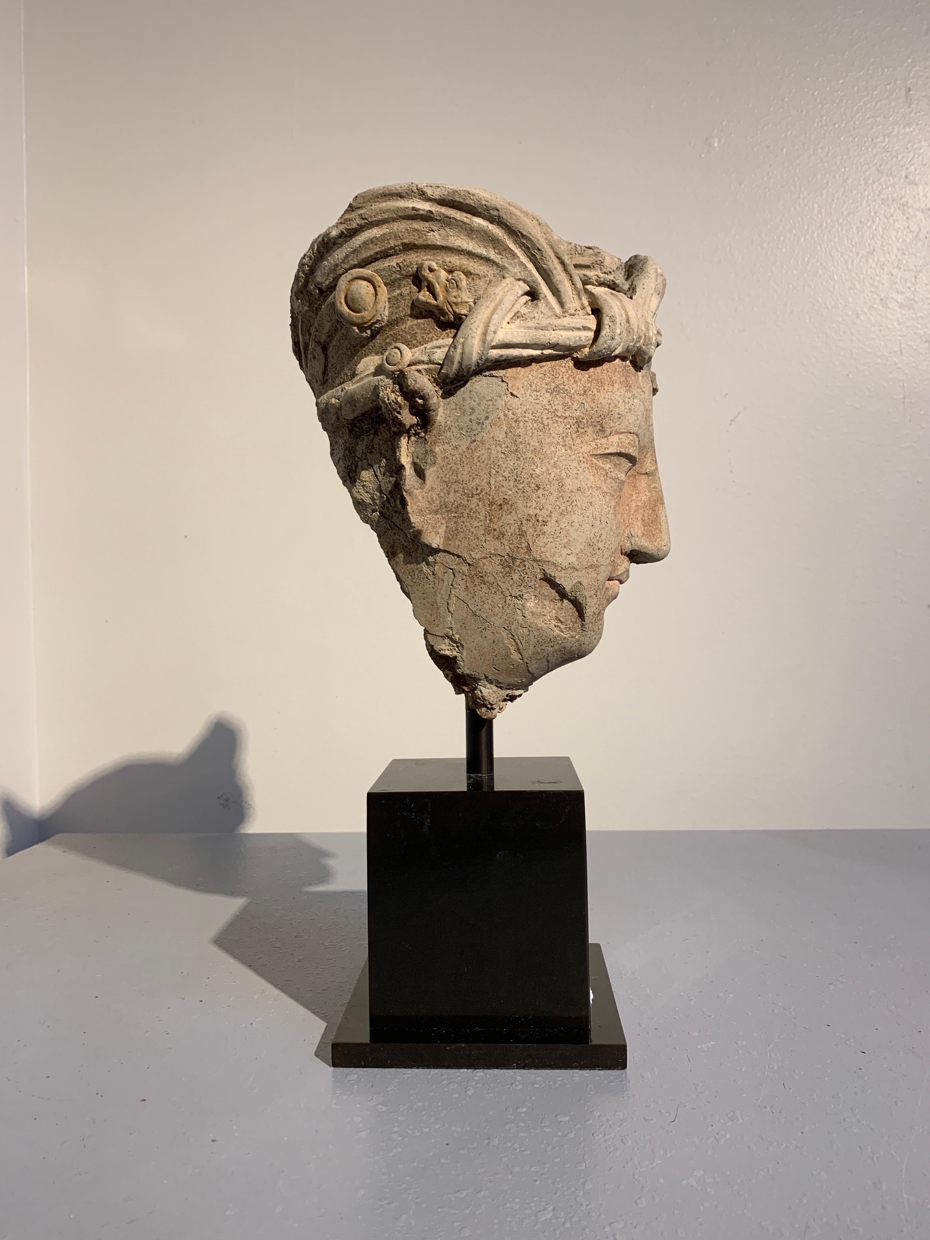 Cabeza de Bodhisattva en estuco gandhariano, región de Hadda, siglos III-V en Bastante bueno estado para la venta en Austin, TX