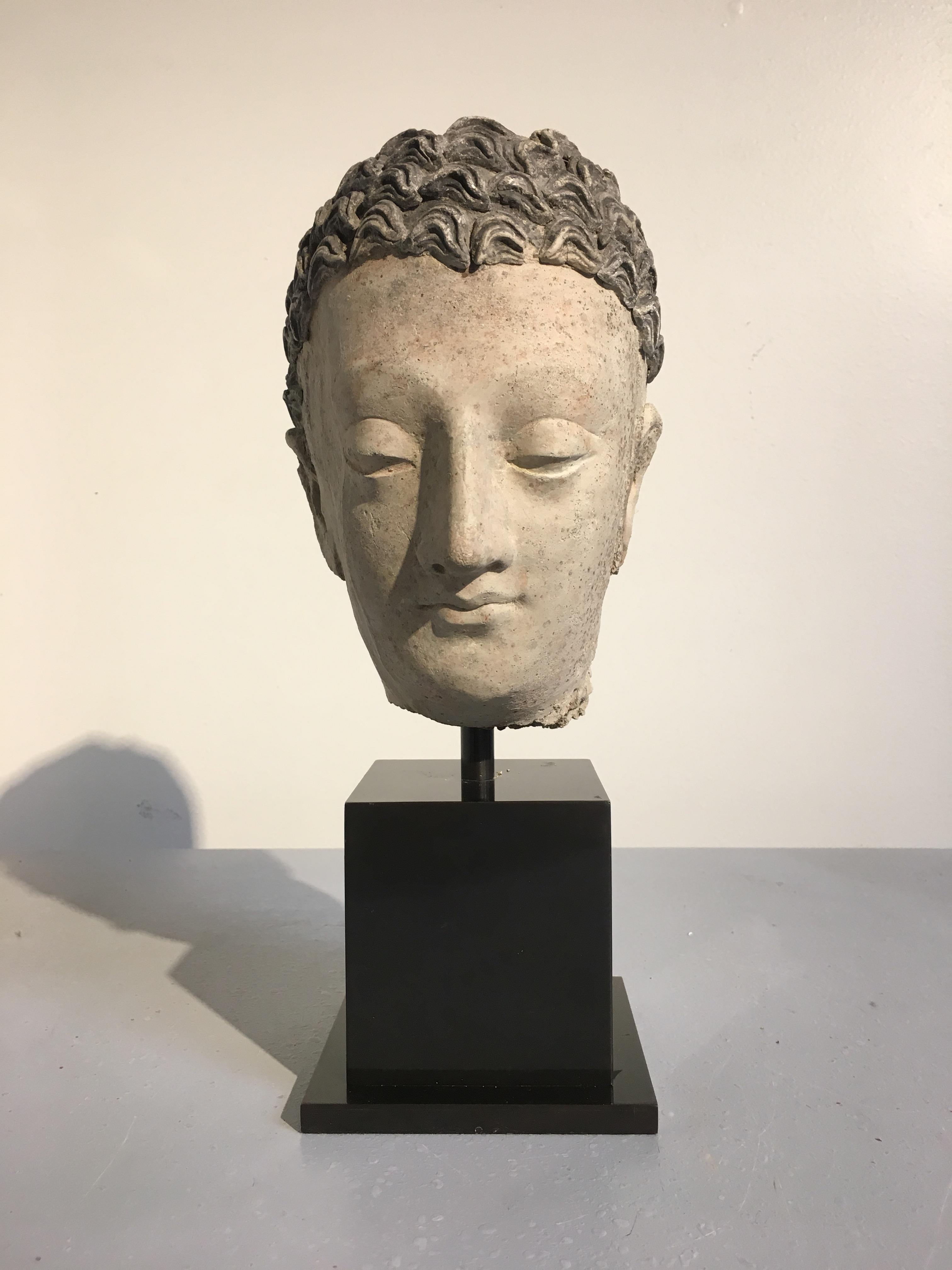 A sublime Greco-Buddhist stucco head of the Buddha, ancient region of Gandhara, circa 3rd-5th century. 

A fragment of a larger statue, the Buddha's face is contemplative, with heavily lidded almond shaped eyes that gaze downwards, a patrician