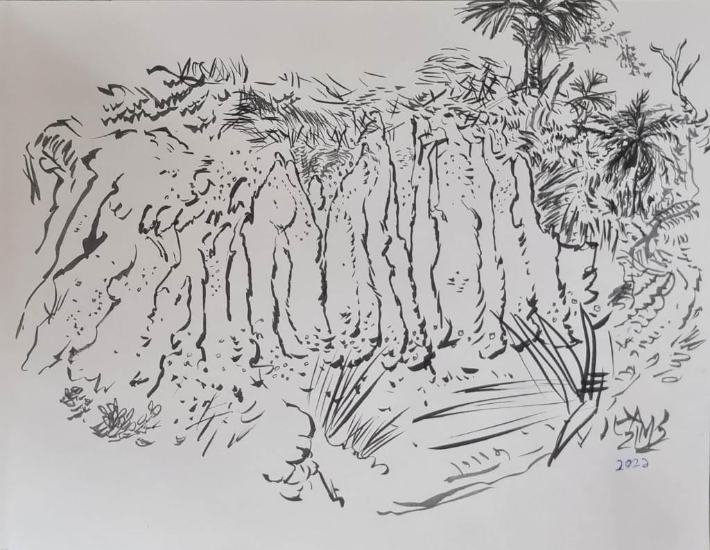 Khoai Santiniketan, Tinte auf Papier des modernen indischen Künstlers Ganesh Haloi, auf Lager