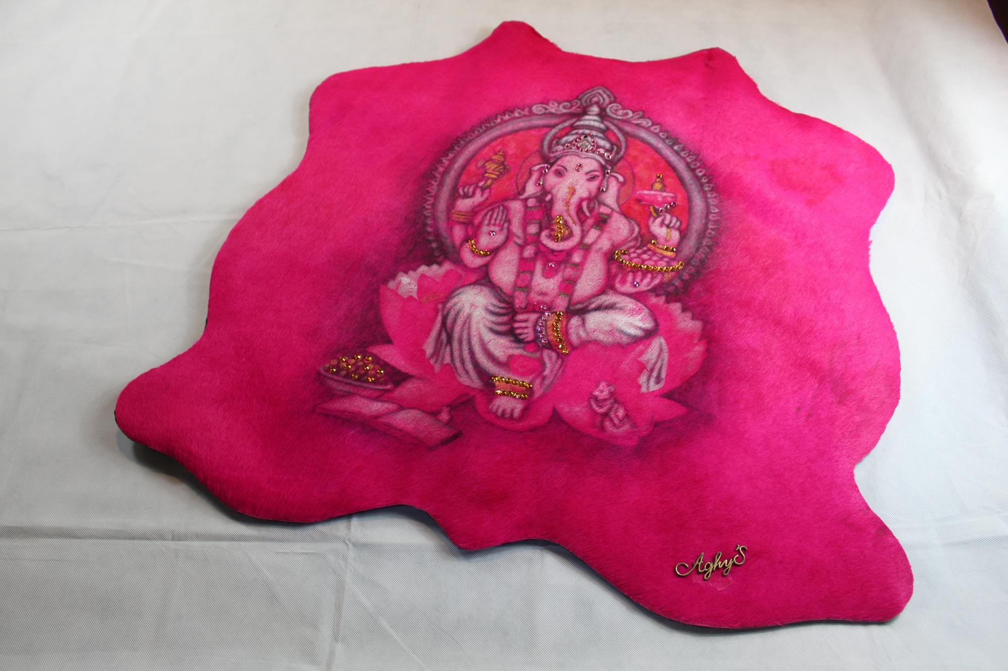 Contemporary Ganesh Pink Tapestry Fuchsia in Cow Leather, with Swarovski and Ambers