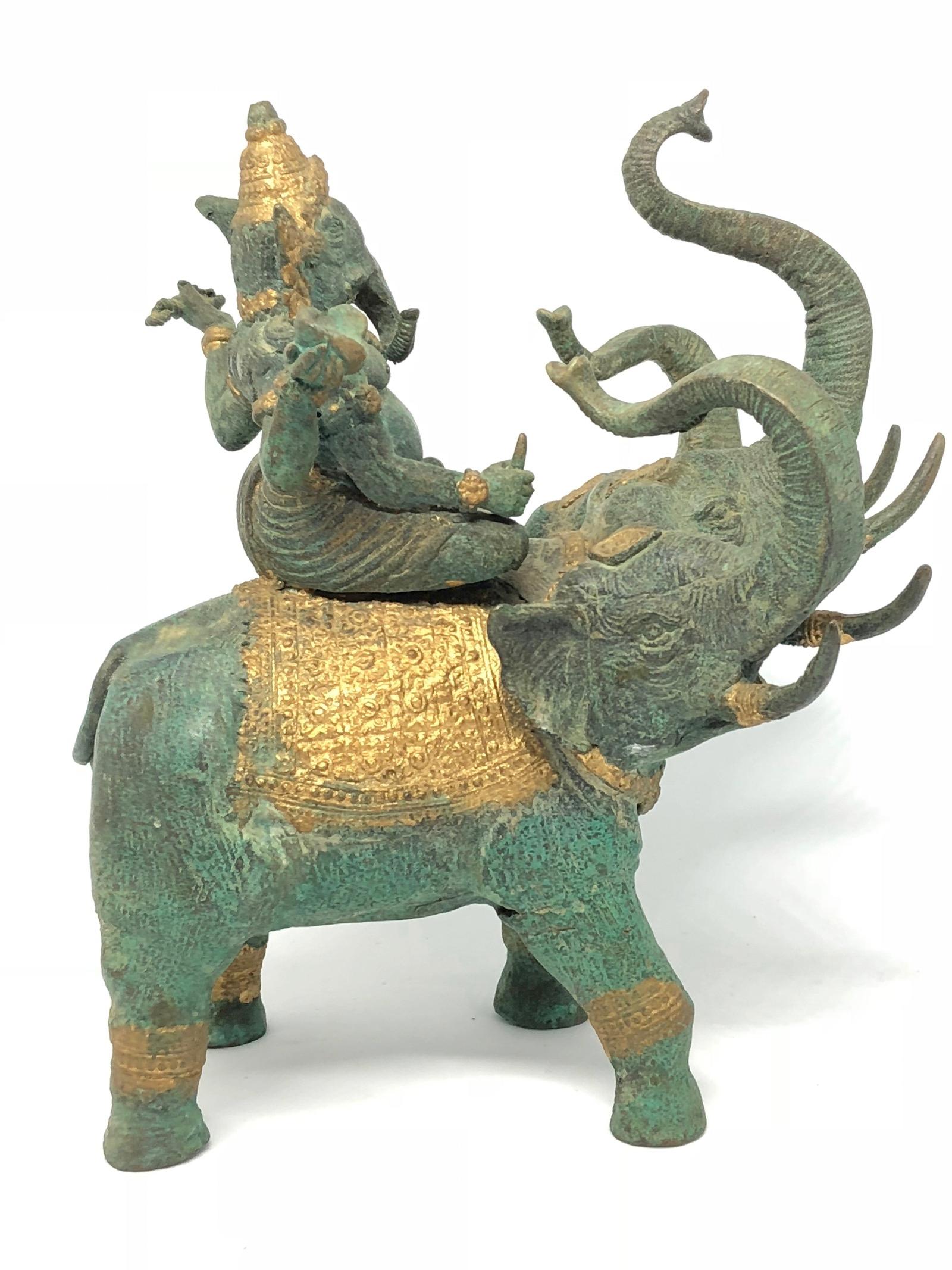 Indian Ganesha Ridding Elephant Sculpture Statue Vintage 1950s India