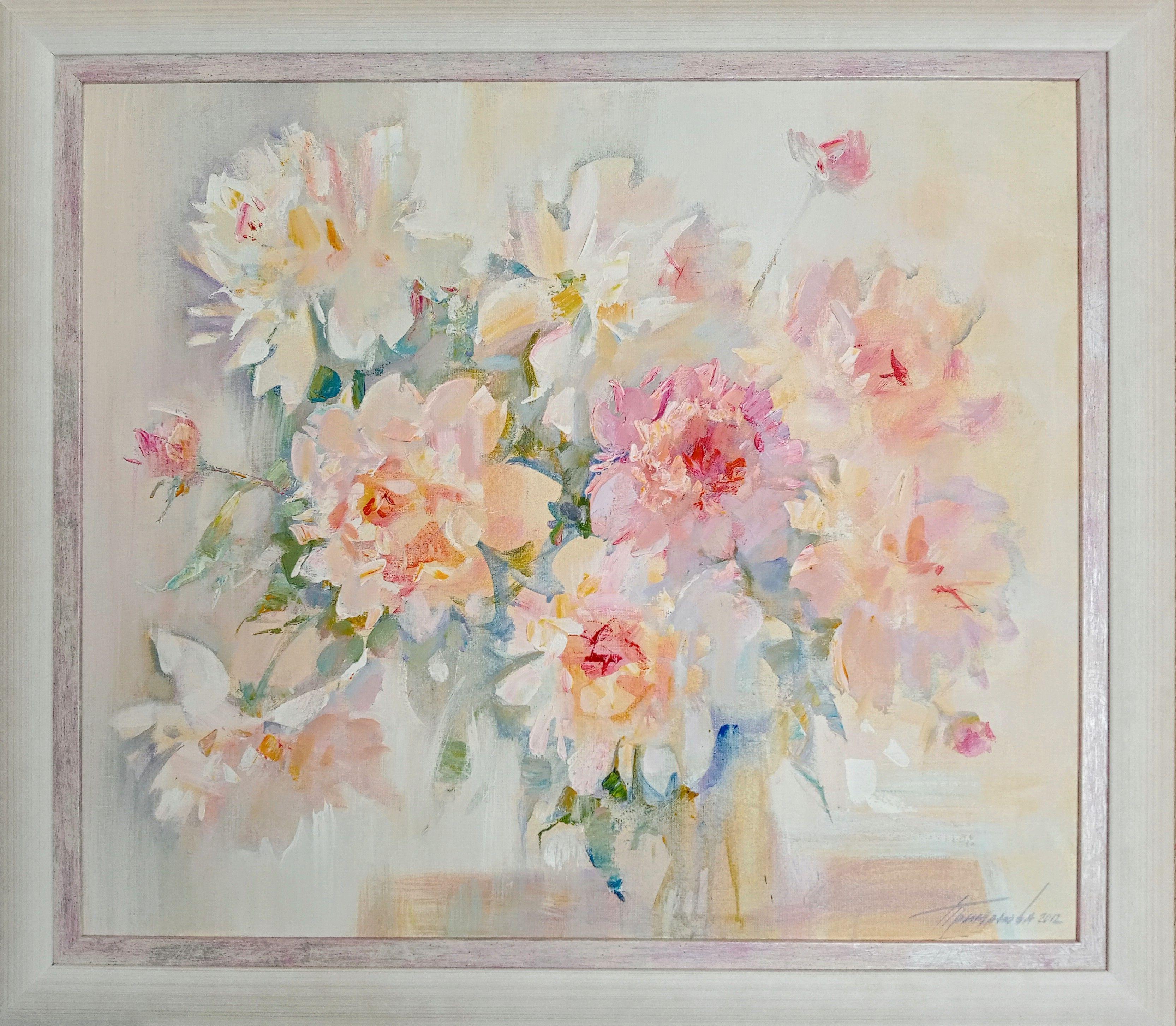 Morning peonies, Painting, Acrylic on Canvas For Sale 1