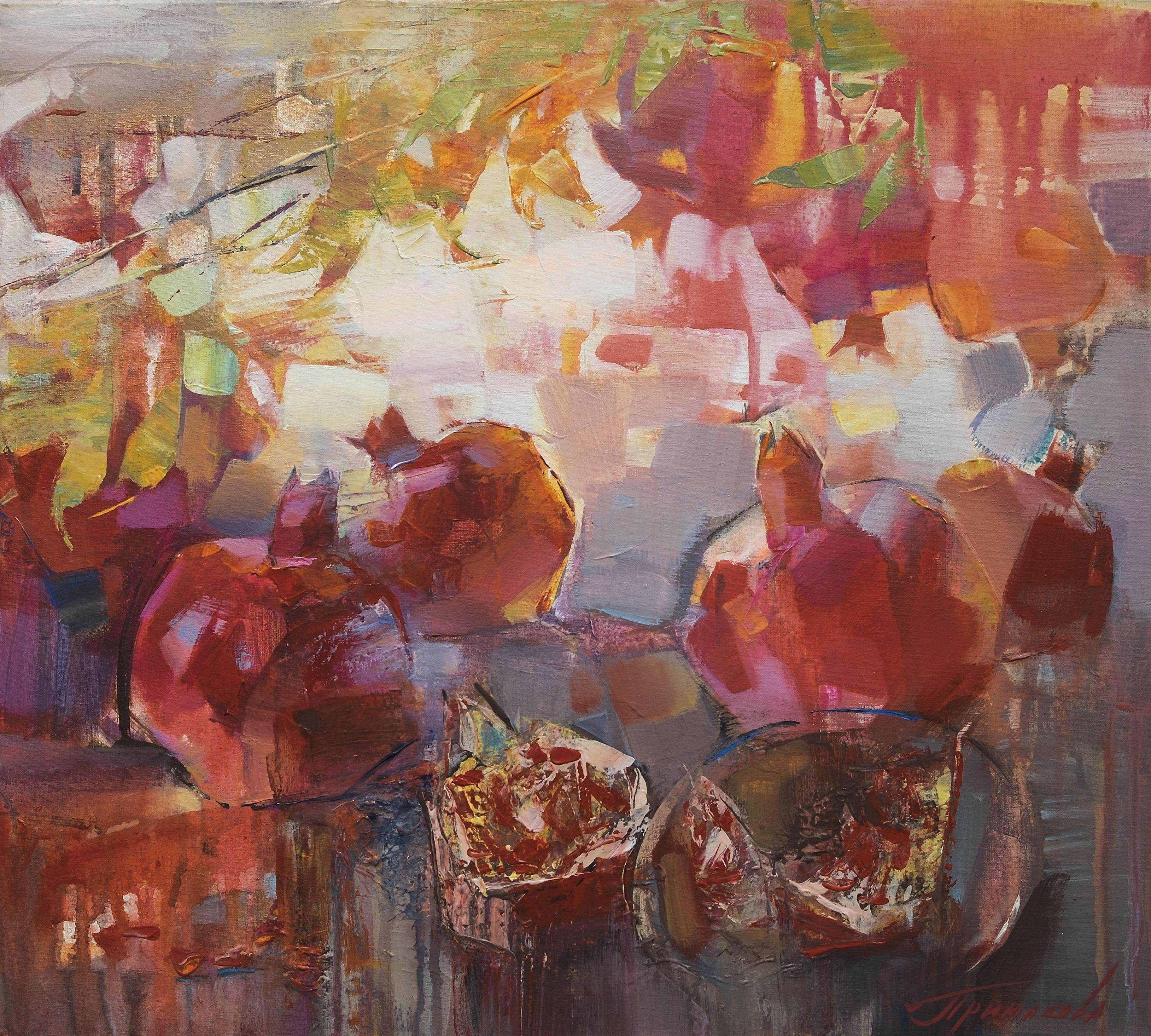 The artwork is a prominent representative of contemporary Ukrainian art, which is increasingly valued in the art world.    The artwork "Pomegranate Boom" is made in an amazing technique with a palette knife, which made it possible to create a truly