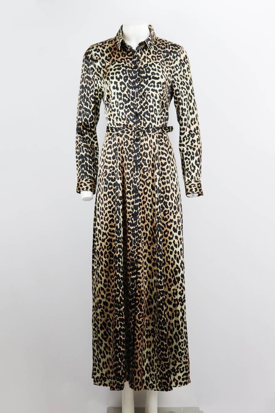 Ganni belted leopard print silk satin maxi dress. Brown, beige and black. Long sleeve, v-neck. Button fastening at front. 92% Silk, 8% elastane. Size: DE 40 (UK 14, US 10, FR 42, IT 46). Bust: 36 in. Waist: 31 in. Hips: 42 in. Length: 58 in
