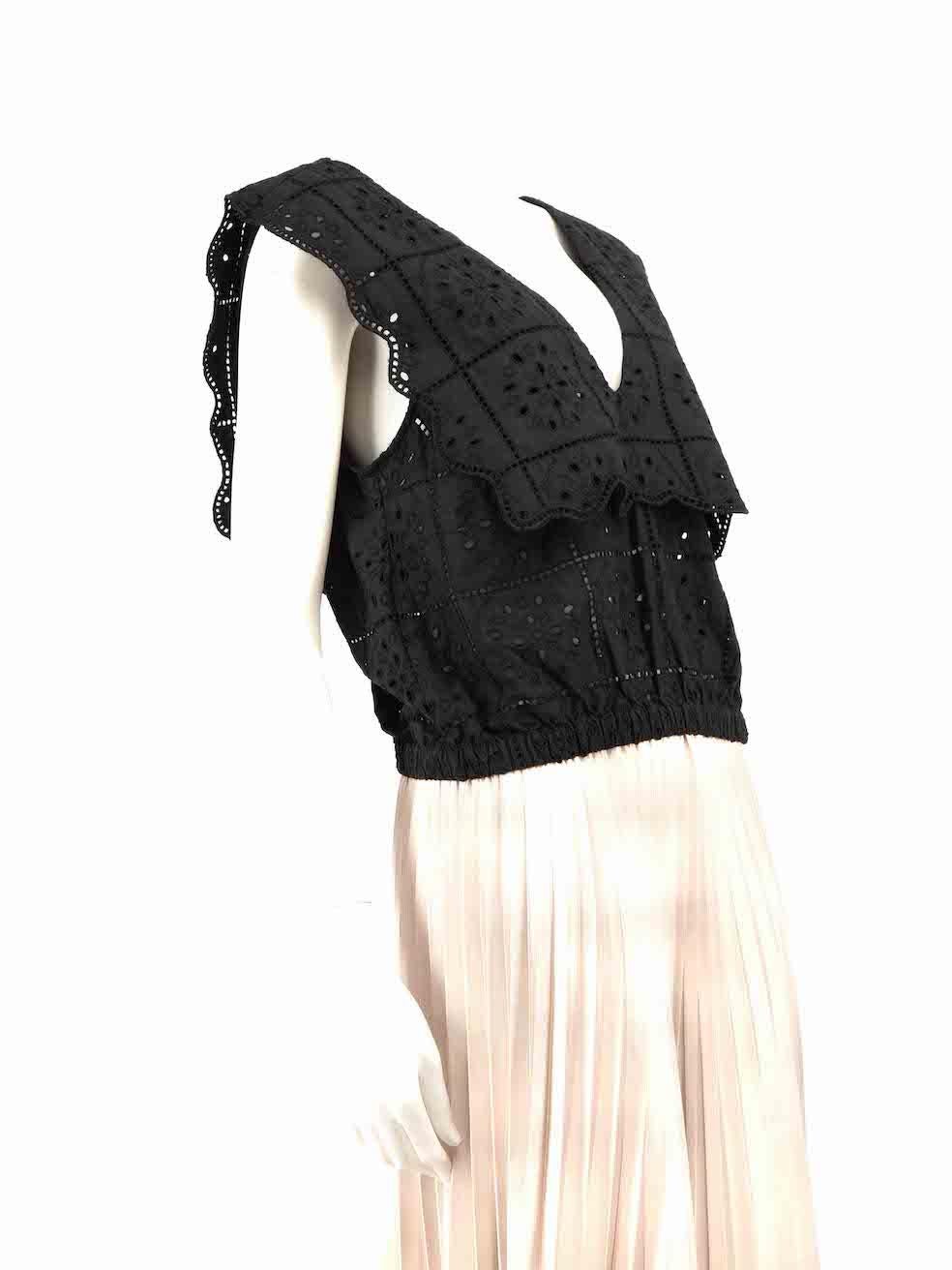 CONDITION is Very good. Hardly any visible wear to the top is evident on this used Ganni designer resale item.
 
 Details
 Black
 Cotton
 Top
 Floral broderie pattern
 Sleeveless
 V-neck
 Elasticated hem
 Cropped fit
 
 
 Made in India
 
