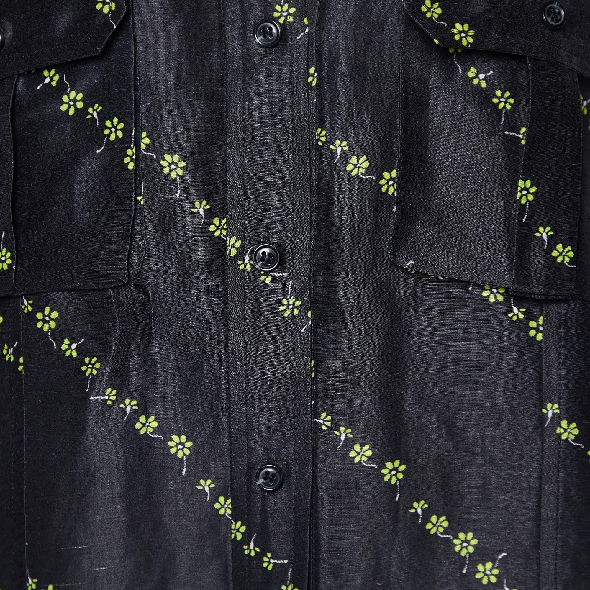 Ganni Black Floral Print Linen & Silk Button Front Shirt S In Fair Condition For Sale In Dubai, Al Qouz 2