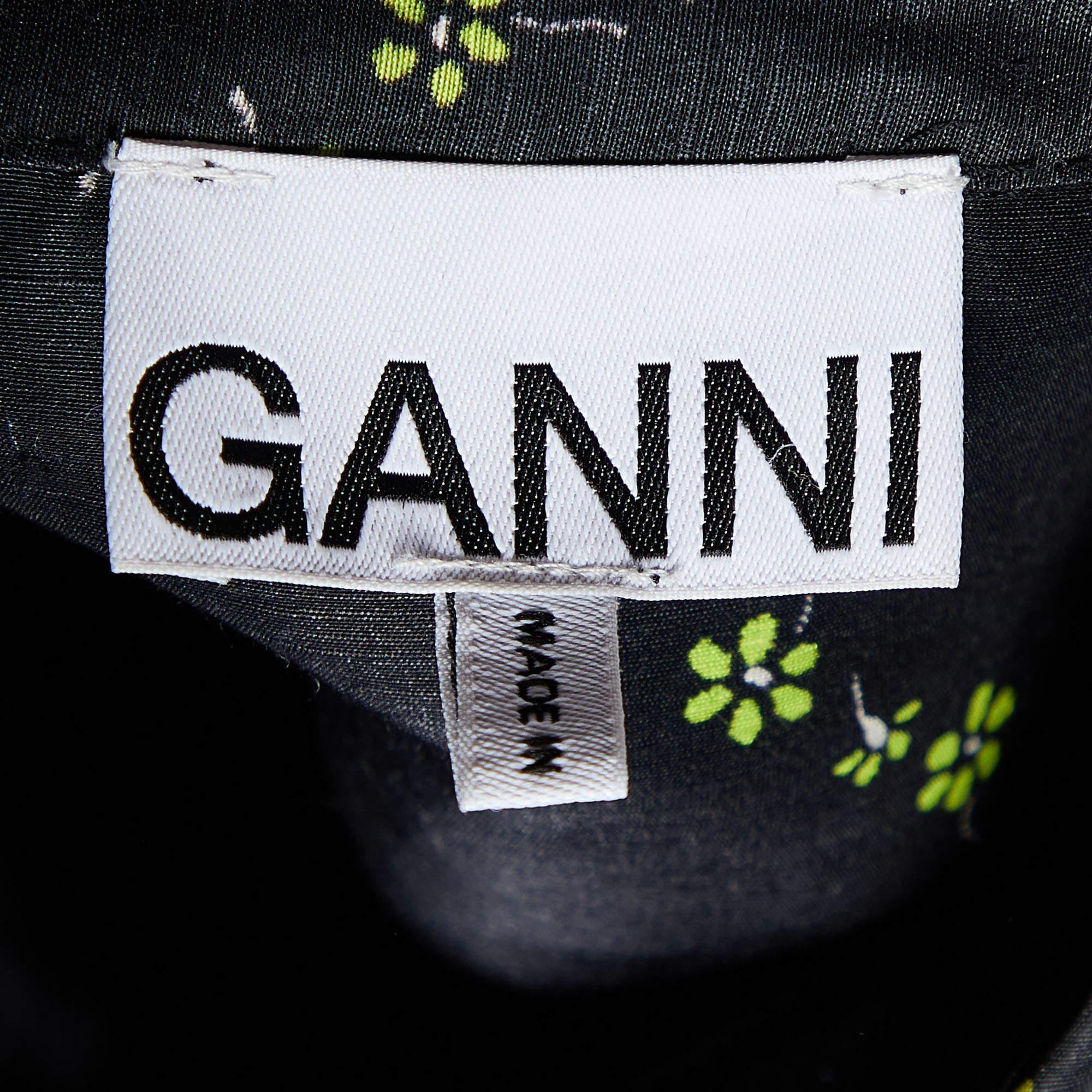 Women's Ganni Black Floral Print Linen & Silk Button Front Shirt S For Sale
