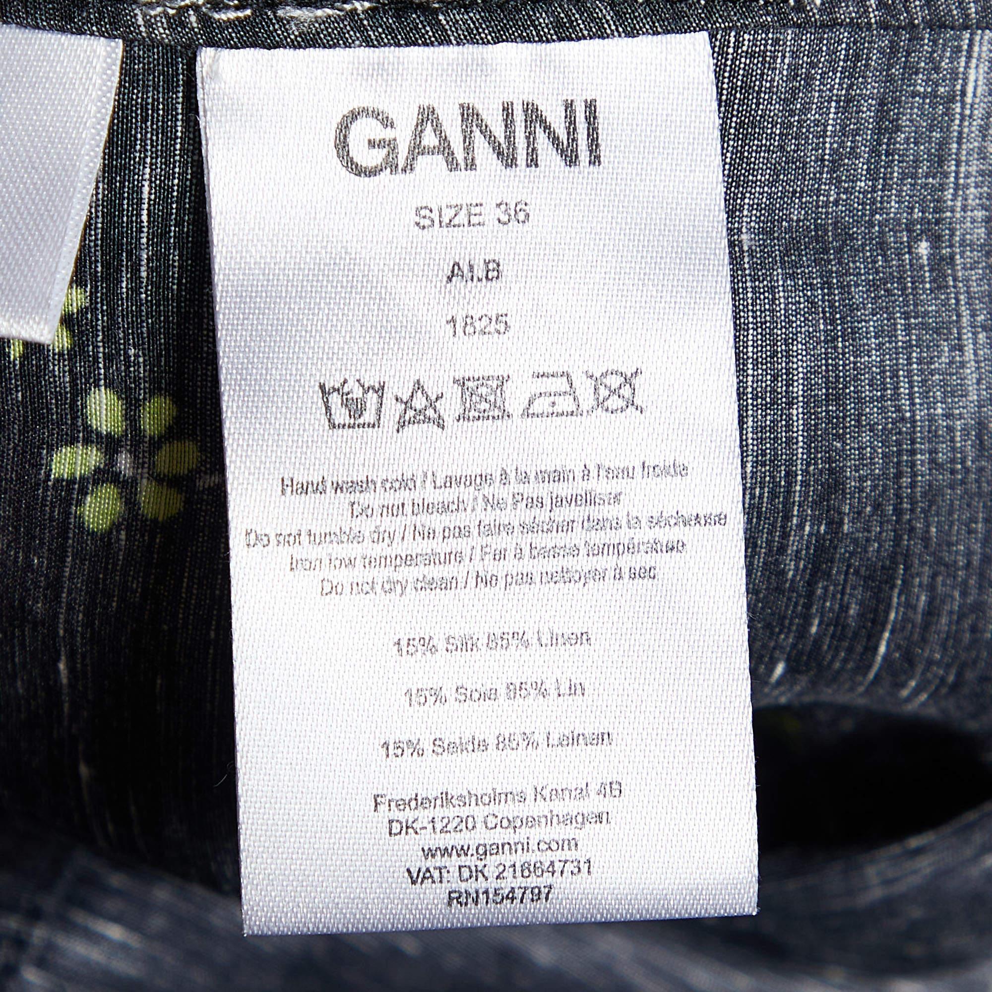 Ganni Black Floral Print Linen & Silk Button Front Shirt S For Sale 1