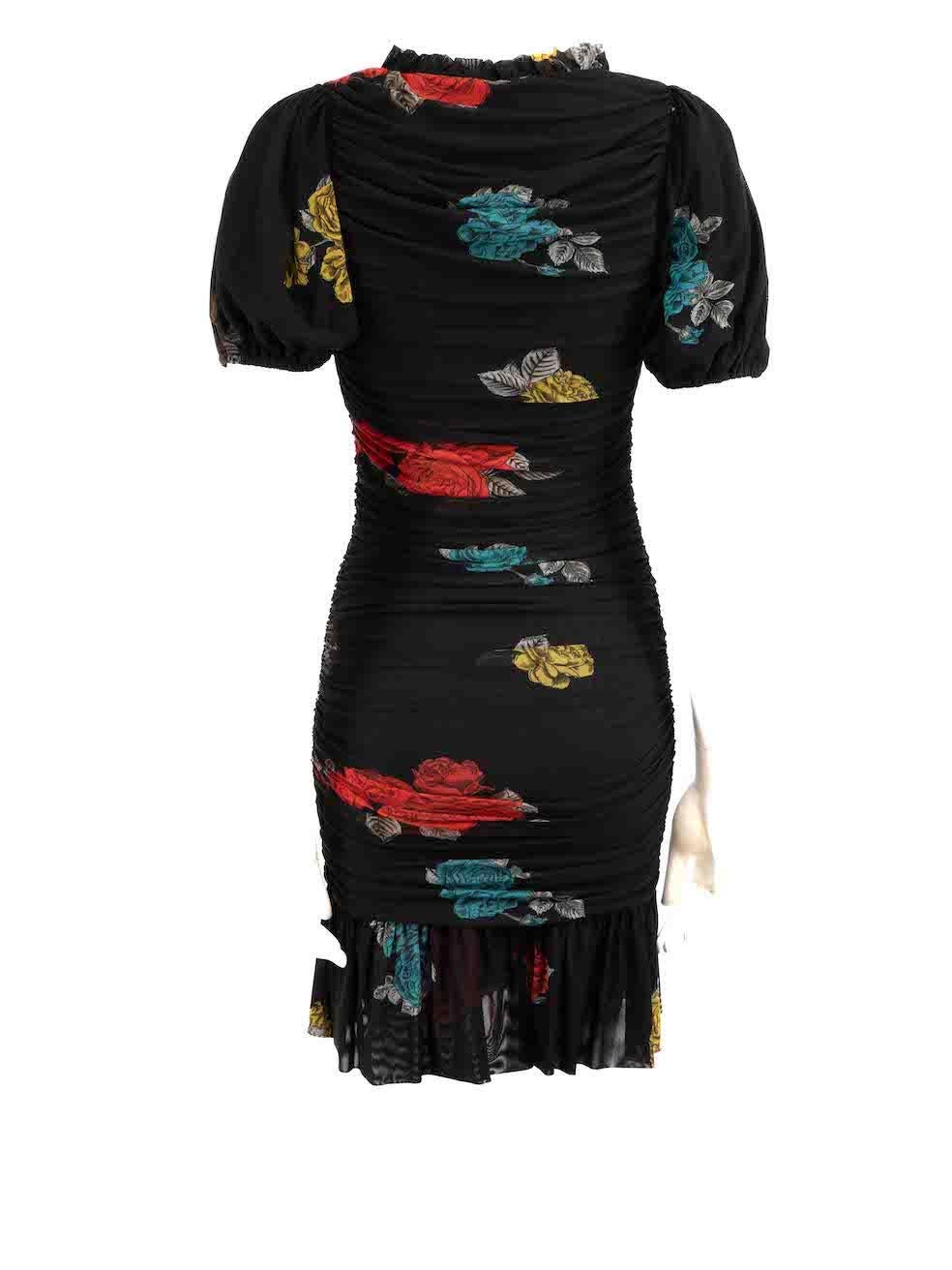 Ganni Black Floral Print Ruched Bodycon Dress Size S In Excellent Condition For Sale In London, GB