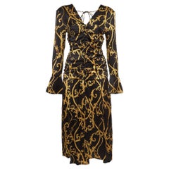 Ganni Black/Gold Rope Print Satin Ruched Midi Dress XS